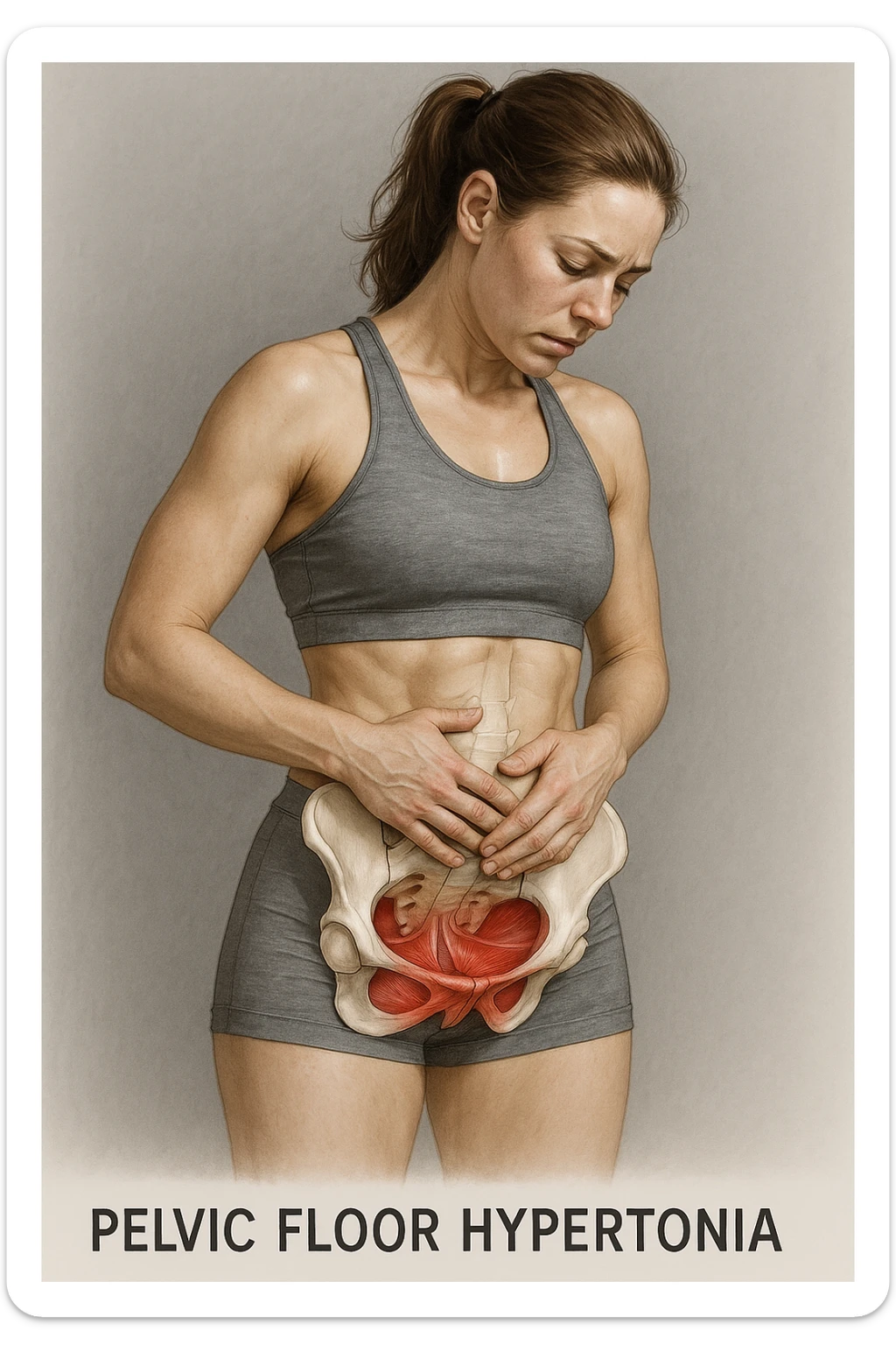 realistic anatomical illustration of a woman in sportswear inspired by reference photo, showing pelvic floor hypertonia: highlighting contracted muscles, medical style, neutral background sticker