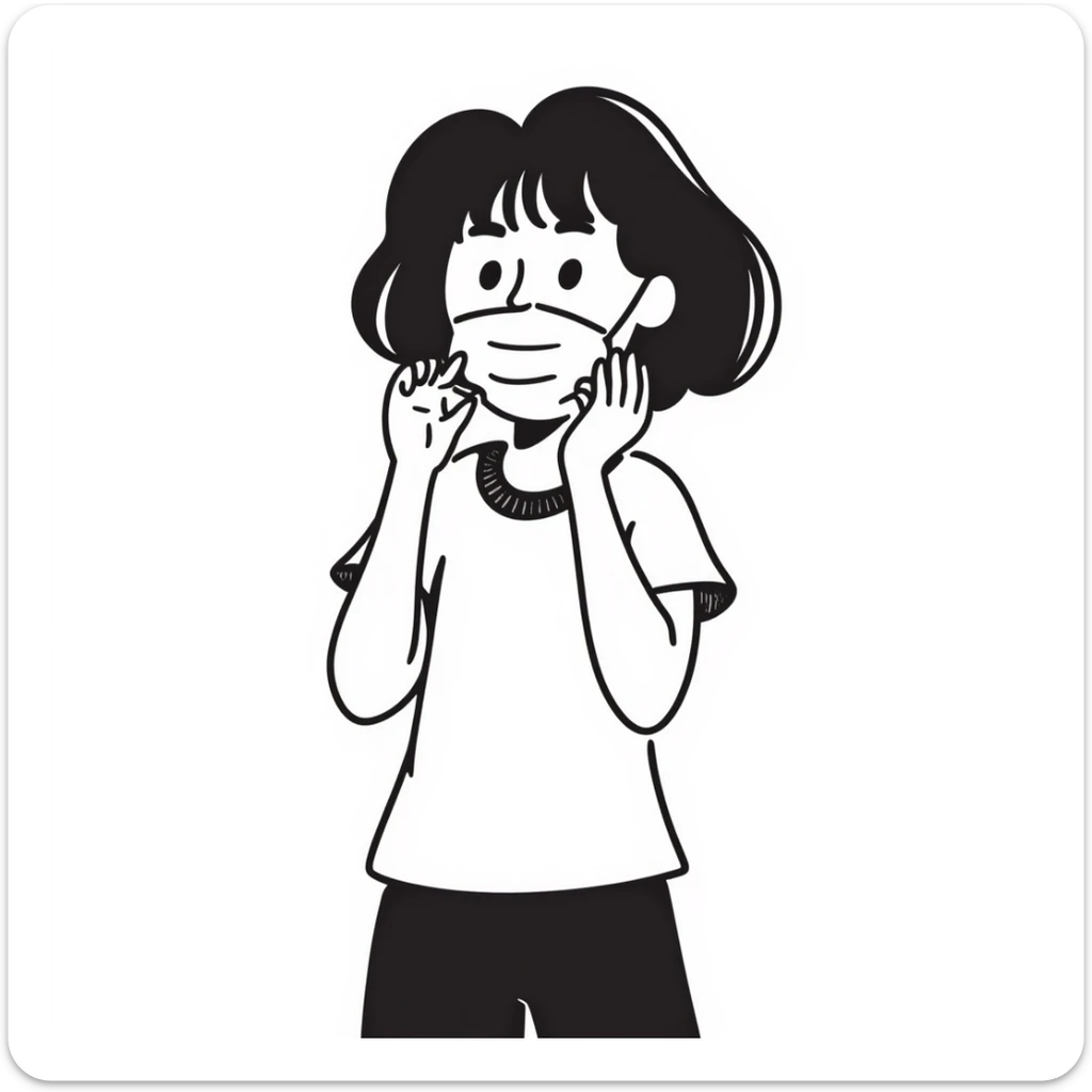 Old girl wearing medical mask with bangs and short hair, hair color brown sticker