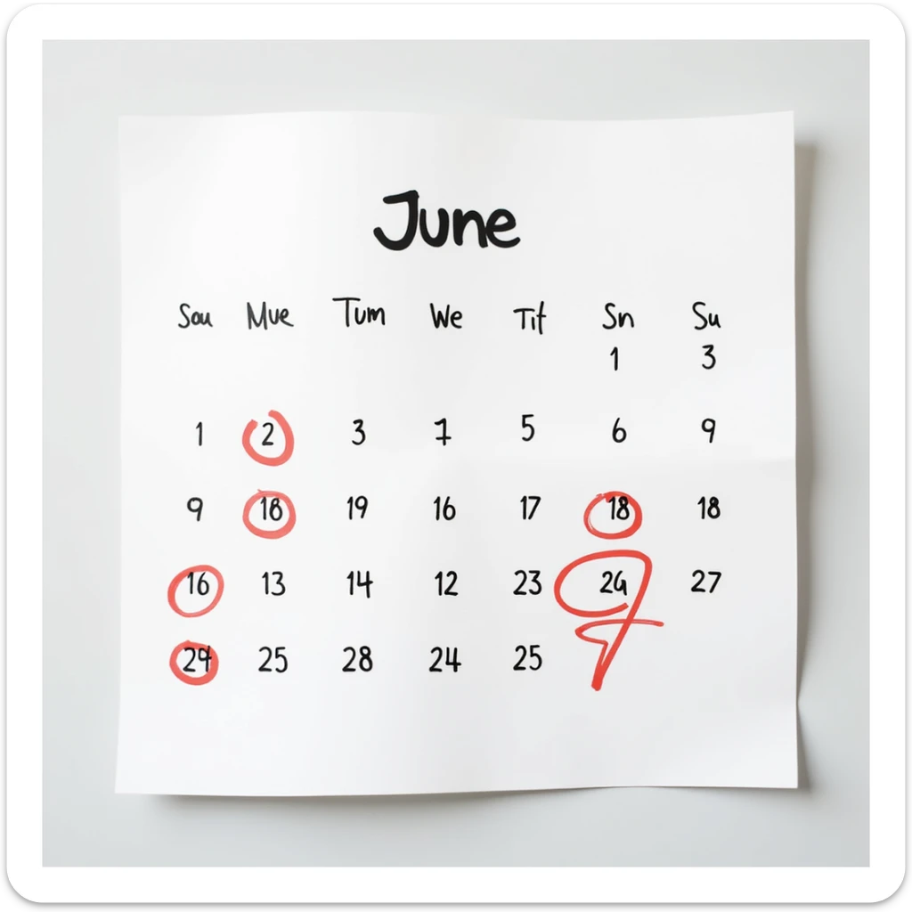 photorealistic calendar sheet, no background, with days from June 1 to June 7 (Monday to Saturday) circled in red, no border, no shadow, just the sheet sticker