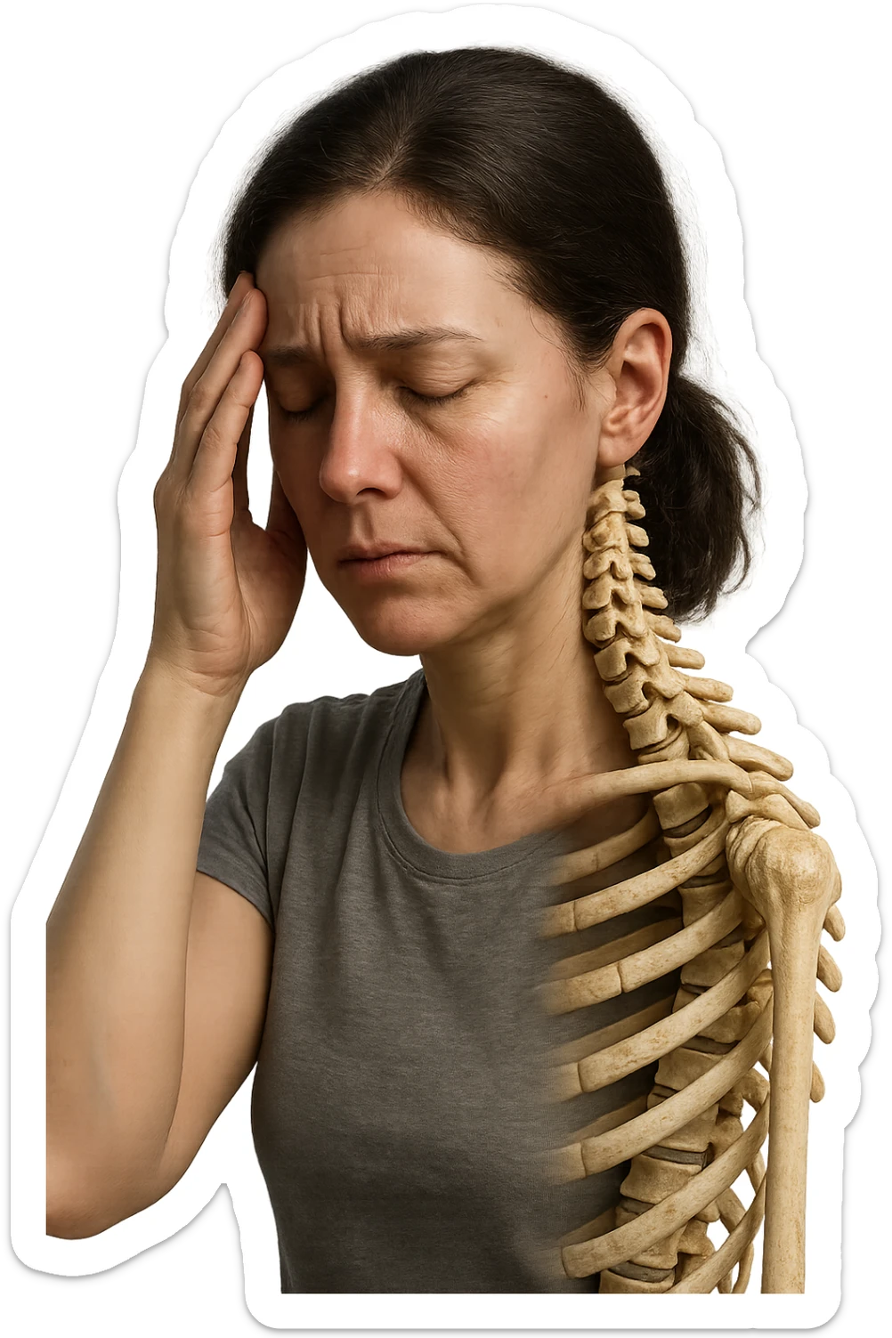 donna stanca che si tiene una mano sulla tempia con spina dorsale anatomica visibile, iperrealistico 4k sticker