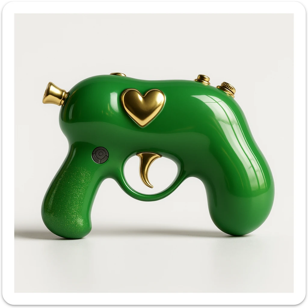 Refine the photorealistic green heart pistol: increase the realism, add subtle metallic reflections, enhance the glossy finish, and improve the heart shape details, on a white background. Maintain photorealistic style with subtle metallic reflections and glossy finish. sticker