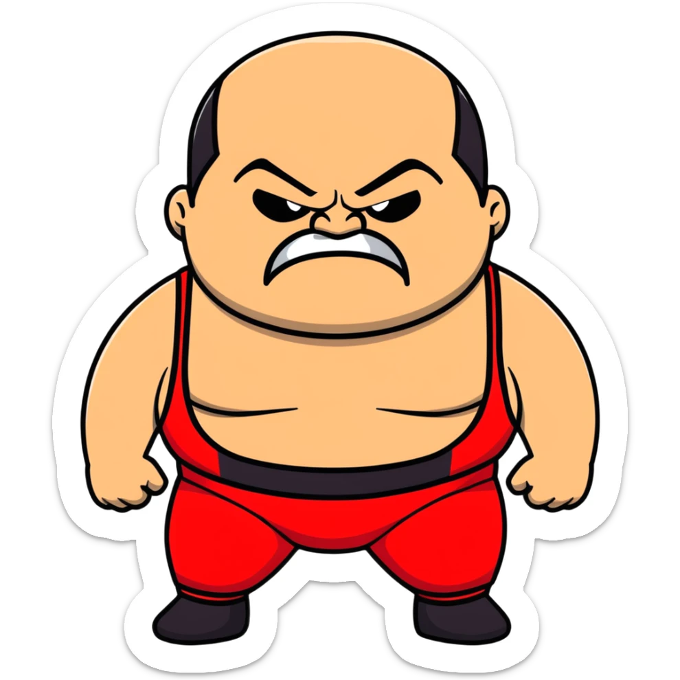 Close-up of white skin fat guy no muscle with prominent black durag, completely shaved face, no beard or mustache, black eyes in a red and black wrestling singlet with angry face sticker