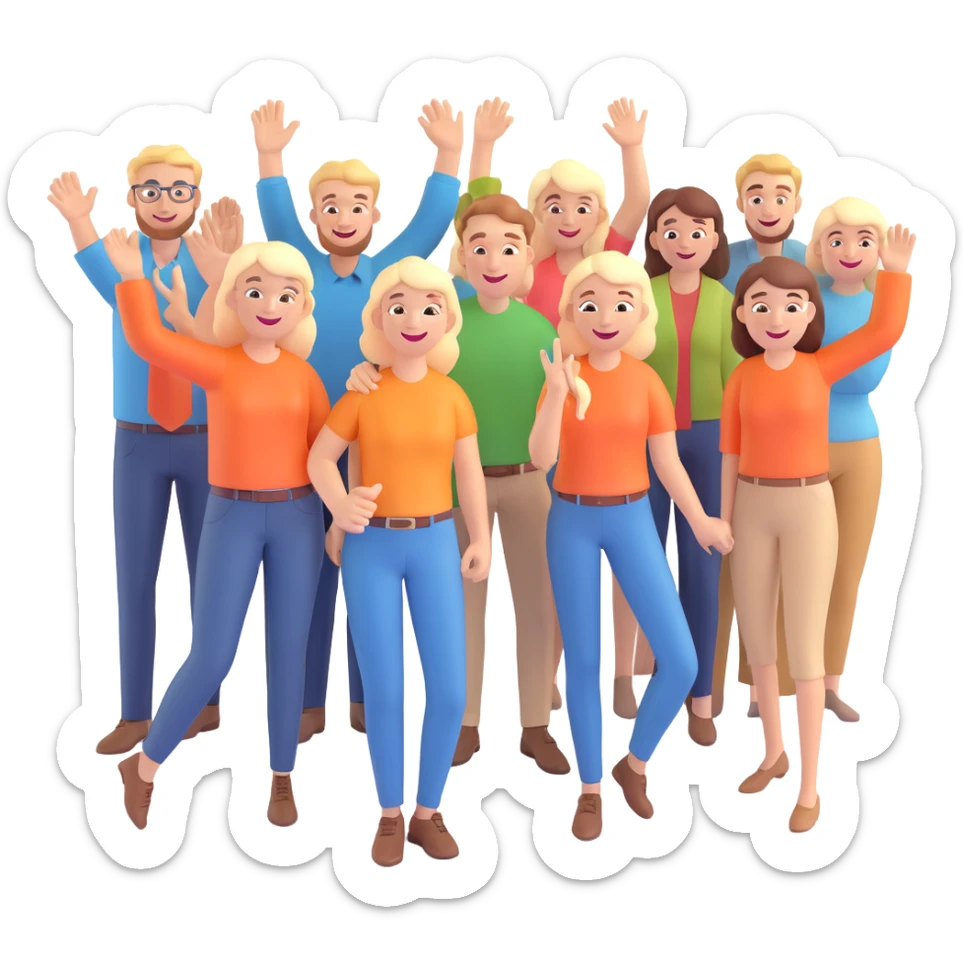 Three happy white male designers and six happy white female designers, all celebrating a successful project sticker