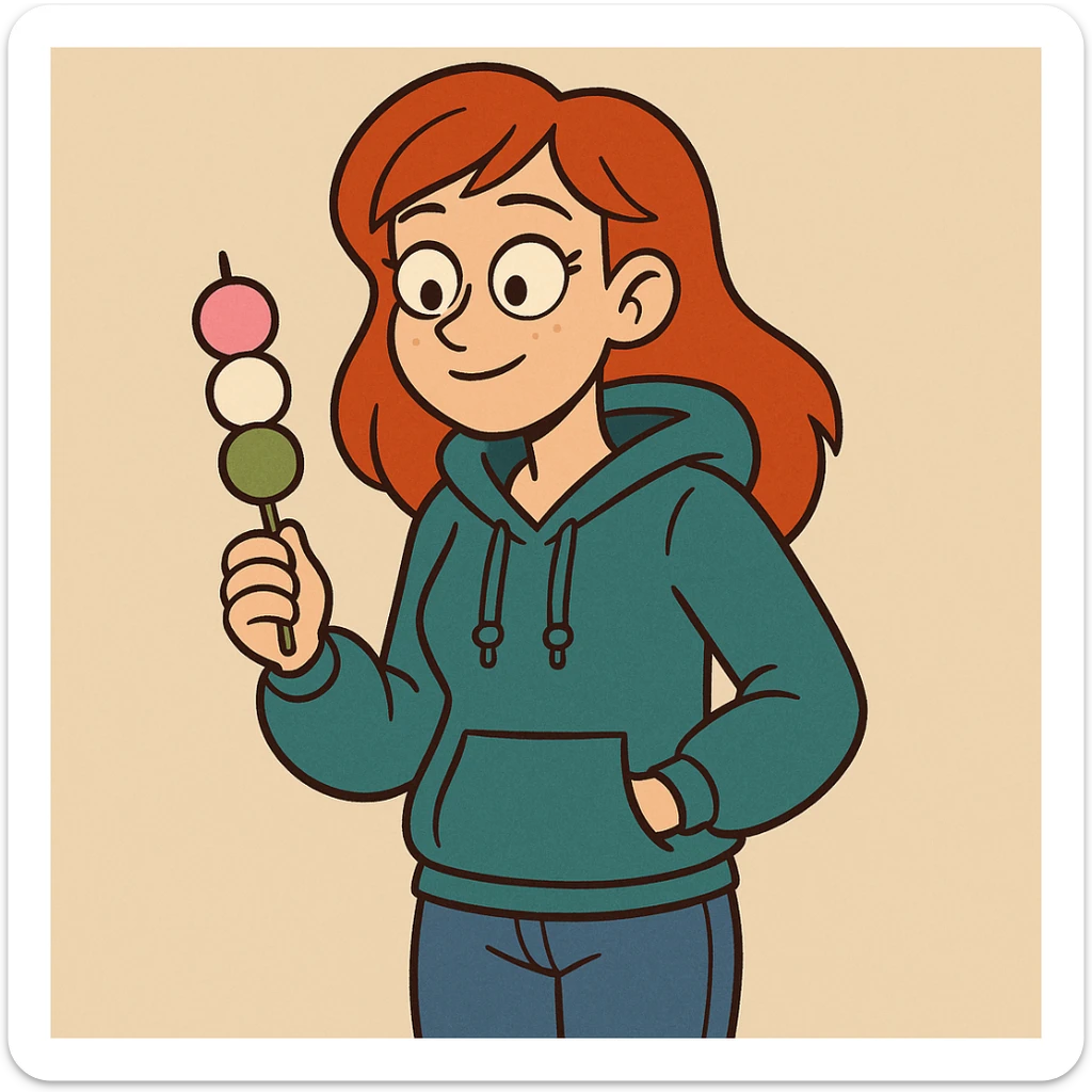 A girl red hair teal women's hoodie blue jeans Dango holding  sticker