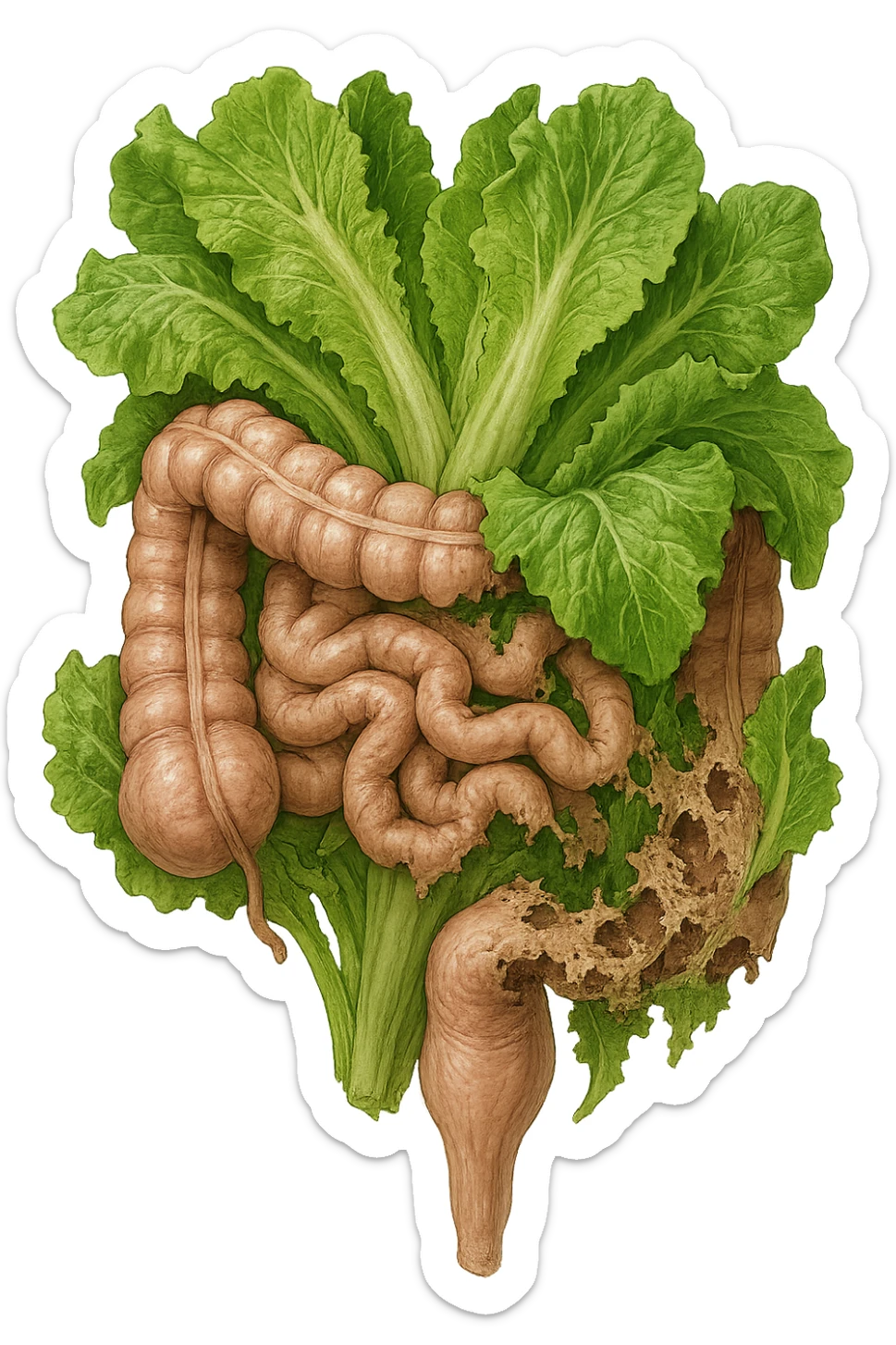 foglie di insalata che attaccano un intestino anatomico umano per distruggerlo sticker