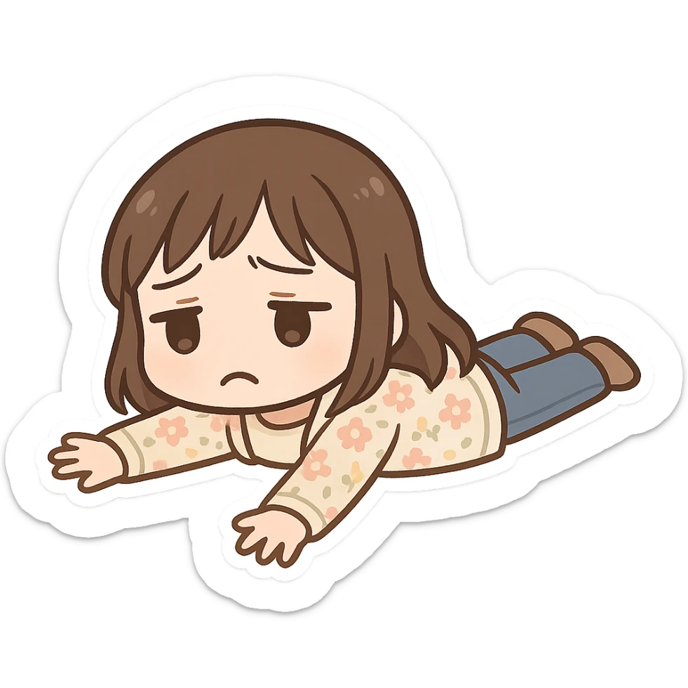 chibi sticker of a girl with brown straight hair and brown eyes, wearing a pastel floral cardigan and jeans, lying on the floor sad with arms spread, white outline, transparent background, 512x512px sticker