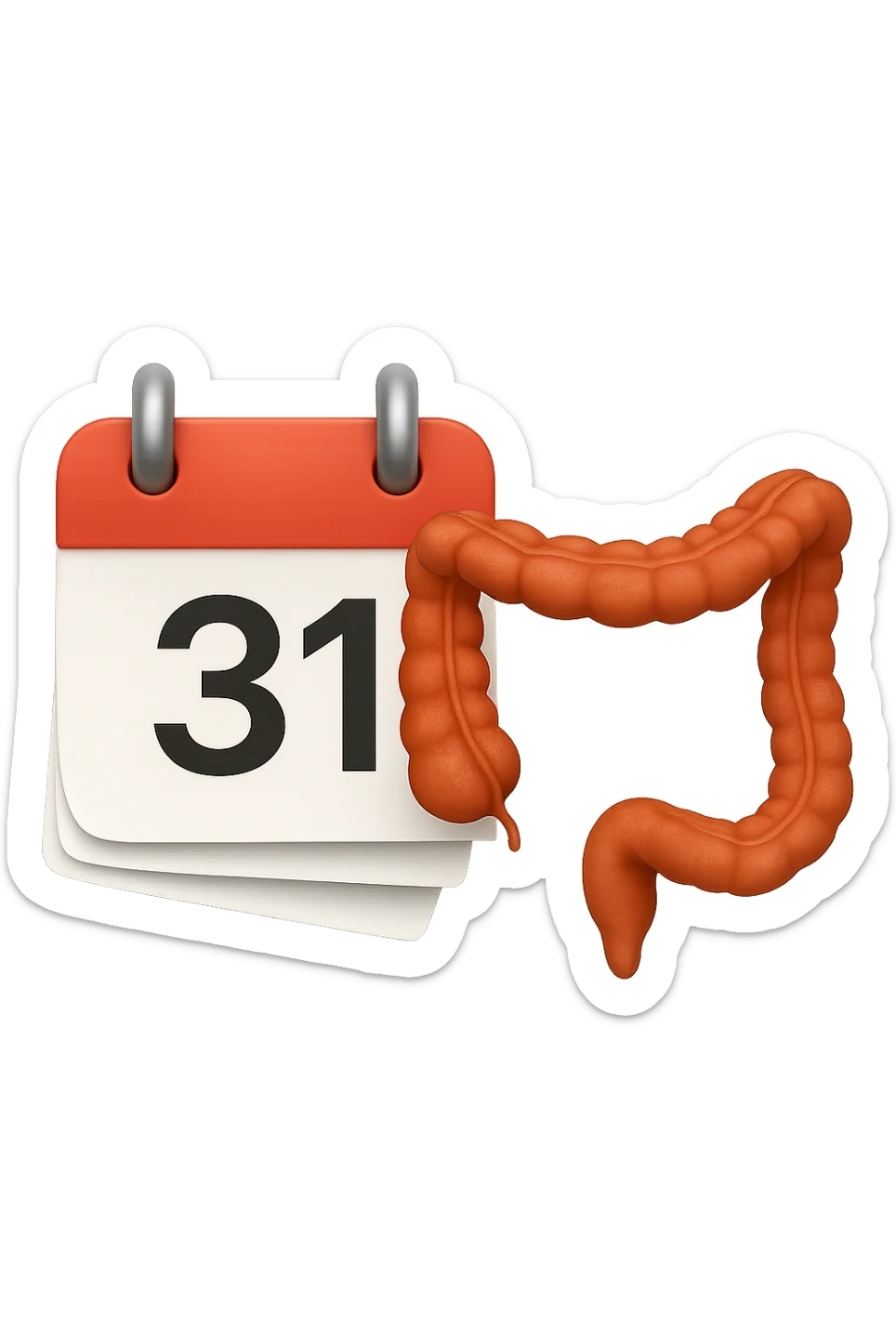 emoji stile iphone di un calendario con fogli che volano insieme a pezzi anatomici di colon umano, iperrealistico 4k, isolato su sfondo bianco sticker