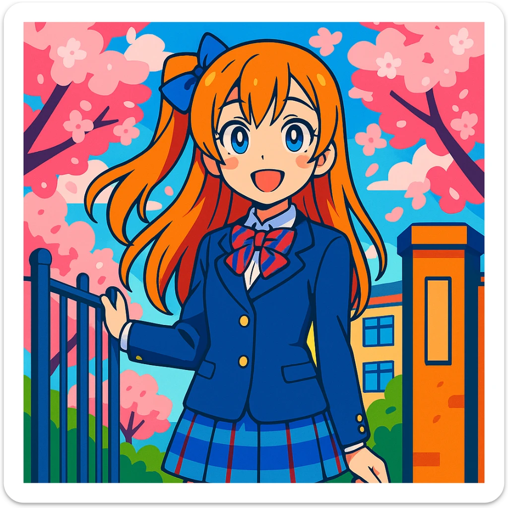 anime schoolgirl with long orange hair, blue ribbon, blue eyes, smiling, in Japanese school uniform, standing by school gate with cherry blossoms, vibrant colors, Love Live! inspired sticker