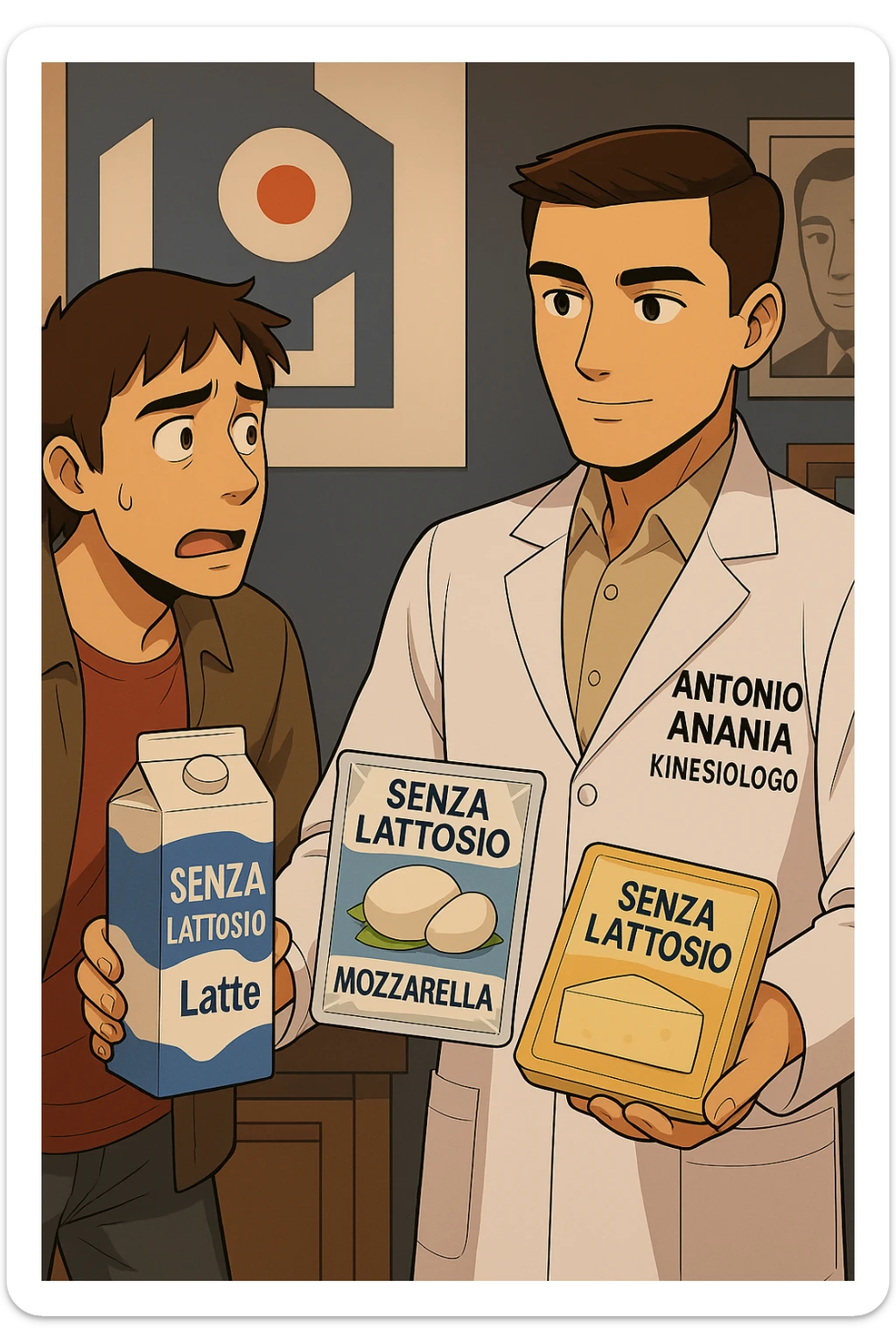 fai un webtoon manga a colori con questo stile, in cui un uomo ASCOLTA Il kinesiologo con il camice bianco (fagli anche la scritta "ANTONIO ANANIA" SUL CAMICE, IL KINESIOLOGO SPIEGA ALL'UOMO UNA MOSTRANDO VARI PRODOTTI DA SUPERMERCATO CONFEZIONATI (TIPO SCATOLA DI LATTE, MOZZARELLE CONFEZIONATE, FORMAGGIO CONFEZIONATO), OGNI CONFEZIONE HA LA SCRITTA "SENZA LATTOSIO SULL'ETICHETTA. L'UOMO OSSERVA IL KINESIOLOGO CON ESPRESSIONE CONFUSA IN VOLTO. non fare i fumetti però, fai solo in modo che sembri stiano parlando sticker