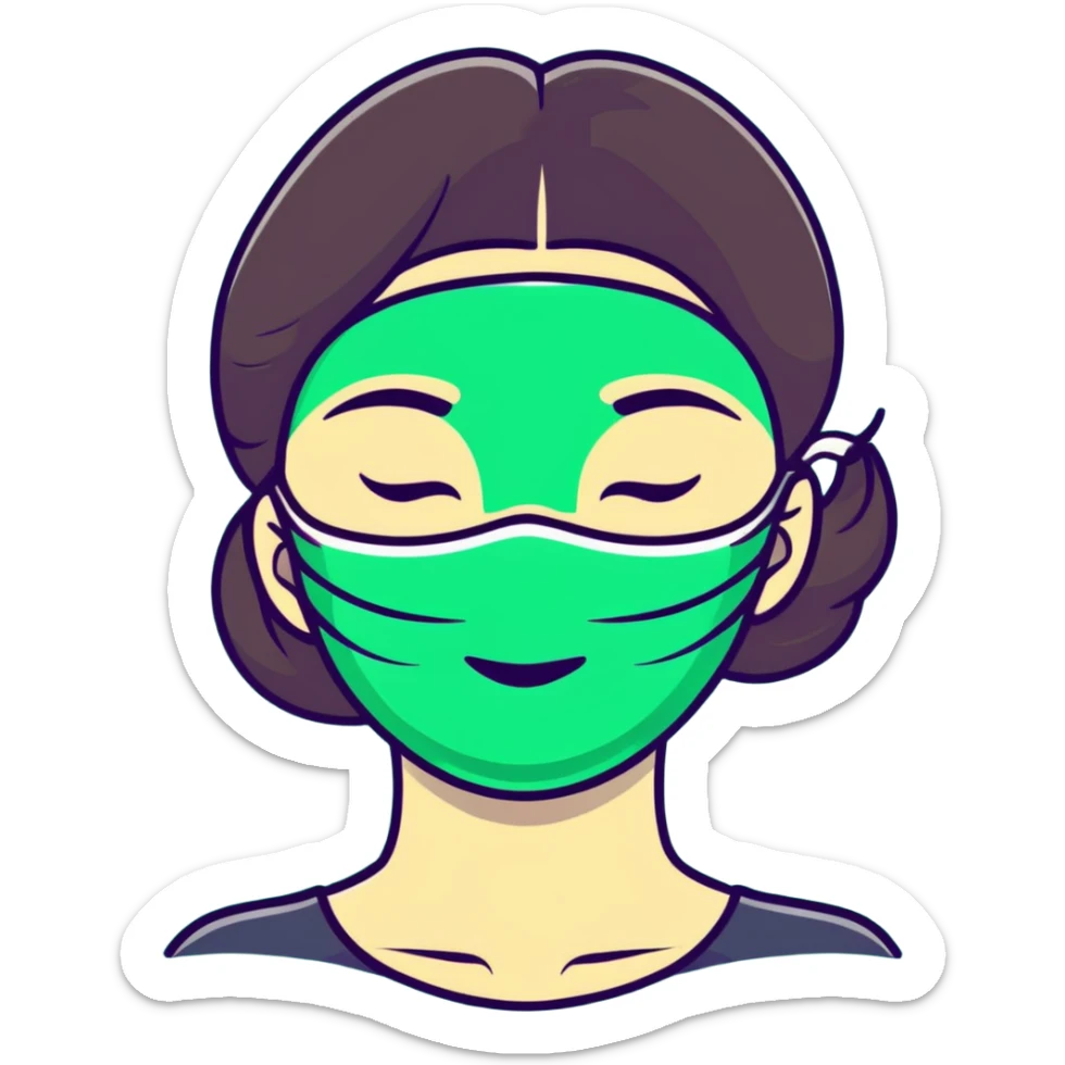 Girl with closed eyes sleeping with green beauty face mask on, relaxing self care moment sticker