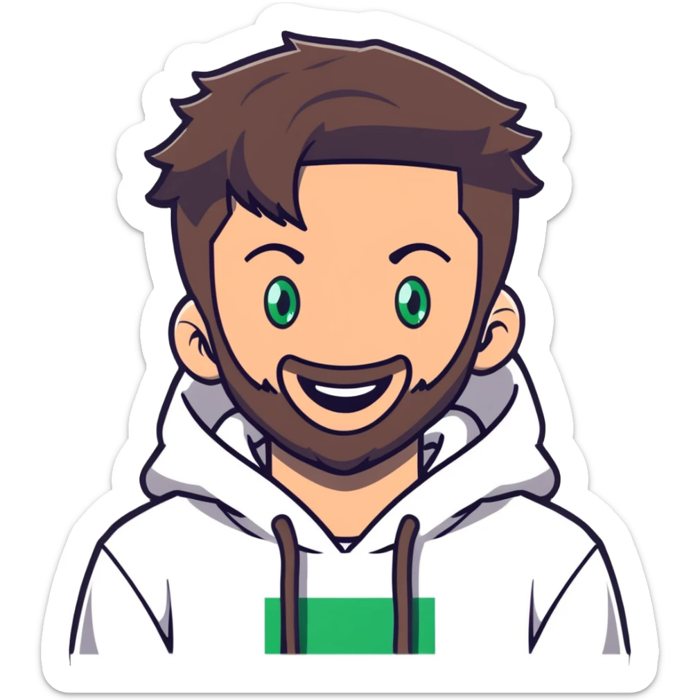 laughing guy with white hoodie, white t-shirt underneath, green eyes, dark brown undercut hairstyle and a short full beard sticker