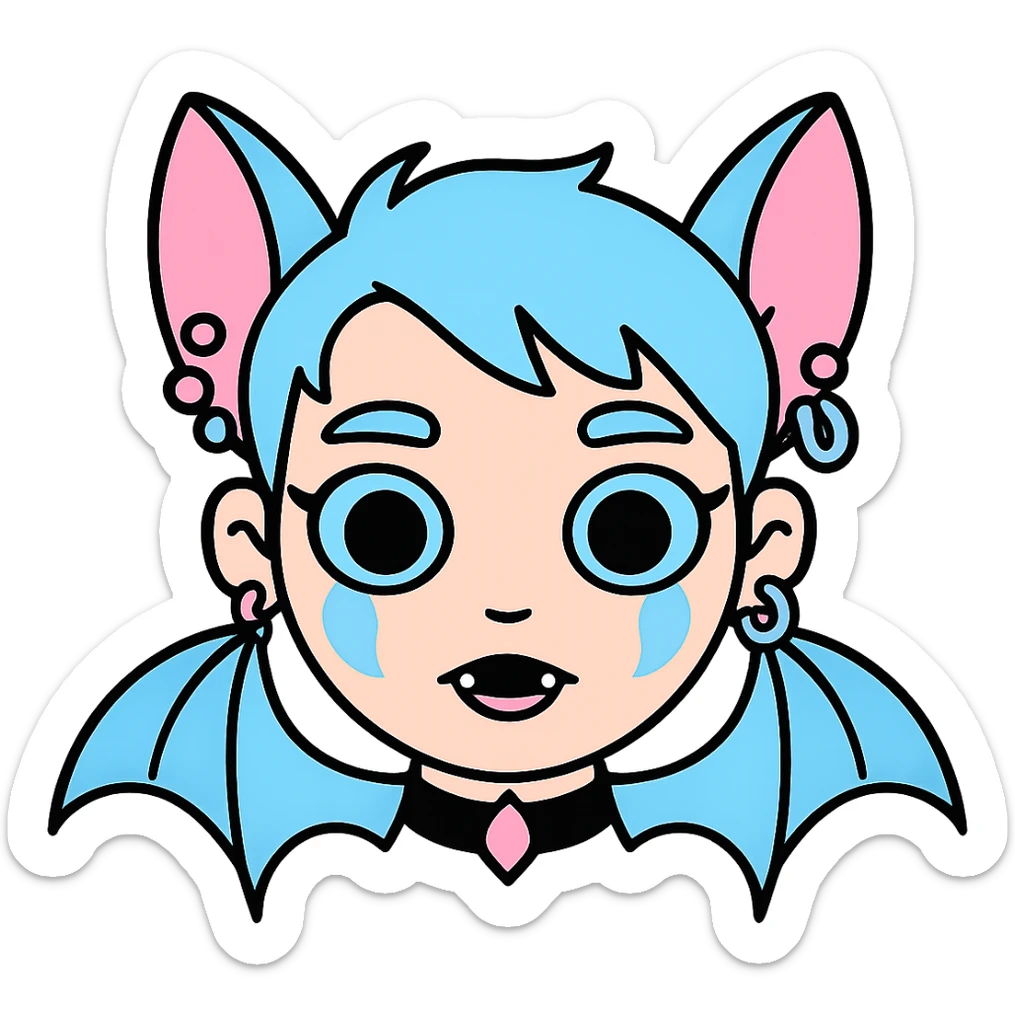Add pastel-colored piercings to the pastel goth bat emoji, keep the style and pastel palette, with no background. sticker
