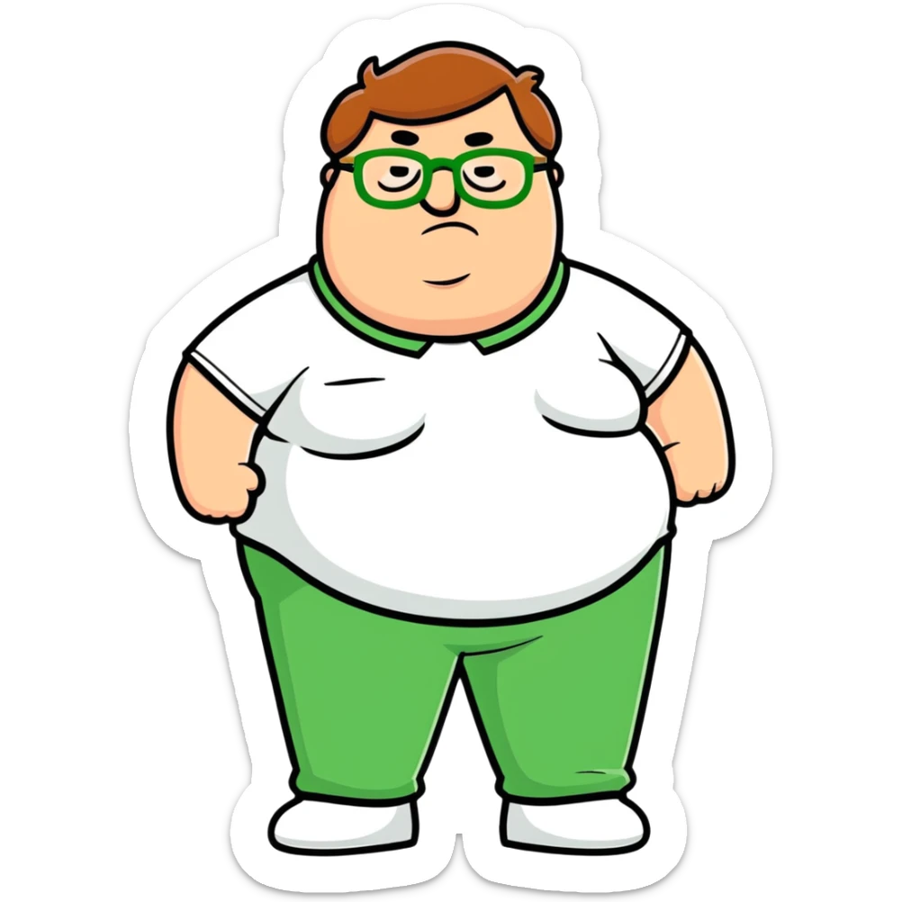 Peter Griffin from Family Guy with a pregnant belly, wearing green pants, white shirt, and glasses sticker