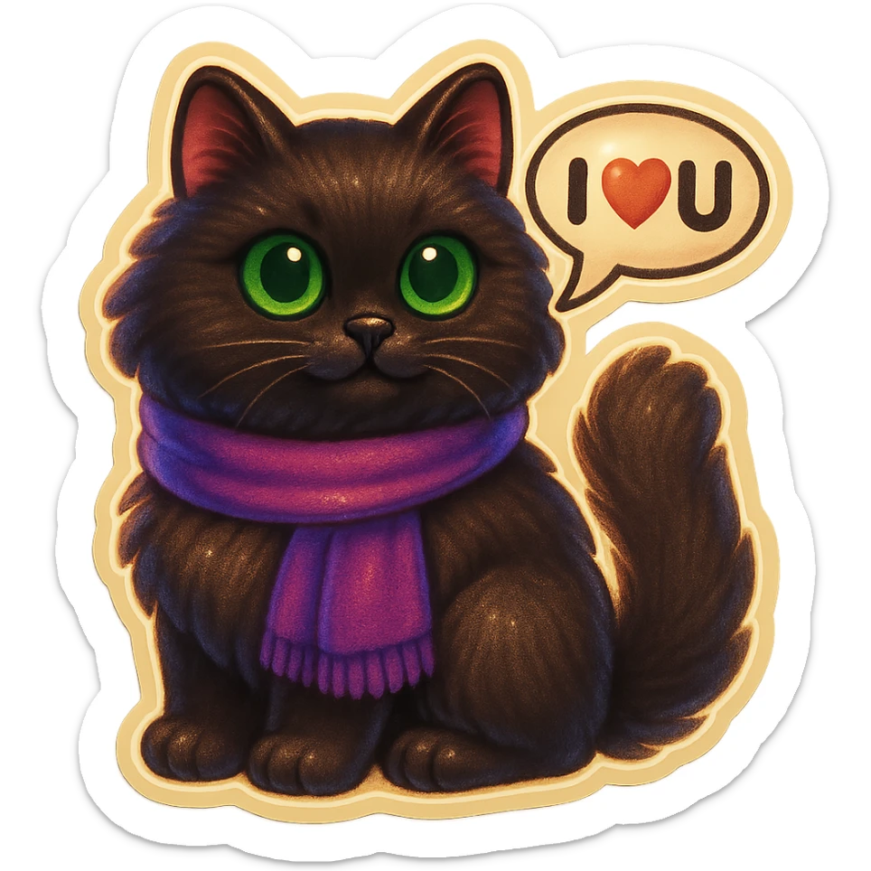 Fluffy dark-brown cat with green eyes and a purple scarf saying ‘I ♡ U’ (with a speech bubble) sticker