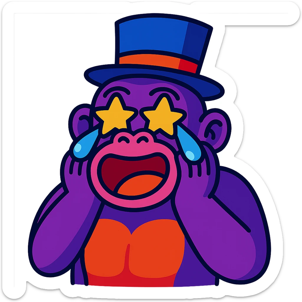 Make the purple gorilla with star eyes and tophat laugh with tears, keep the vibrant colorful style, and maintain transparent background. sticker