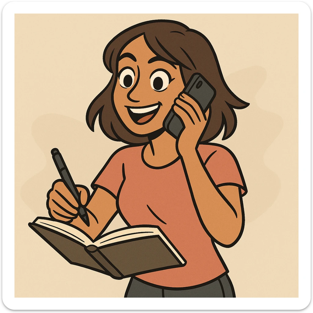 tan woman with brown eyes and brown shoulder length hair, multitasking with a phone and notebook, energetic and productive vibe, modern style sticker