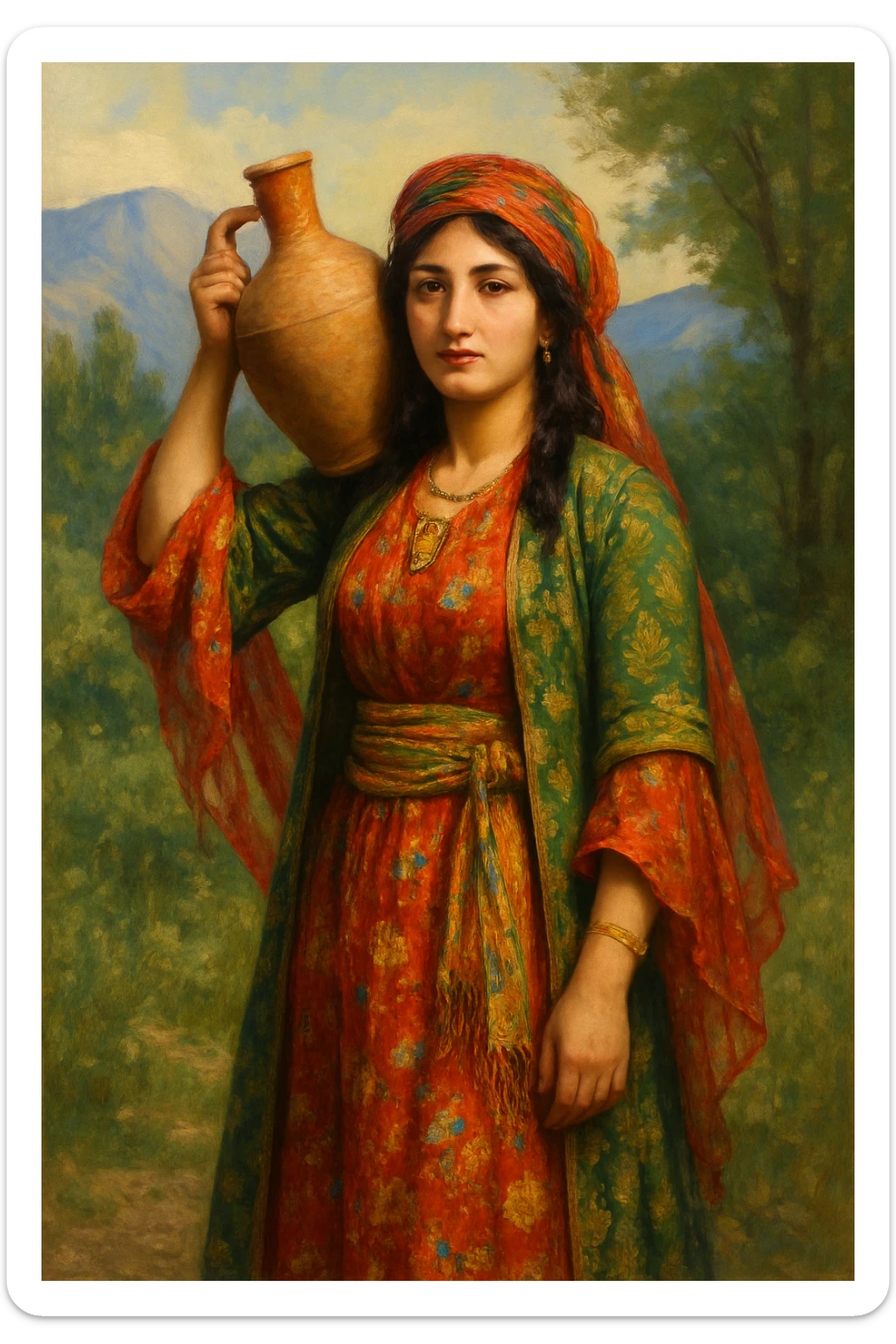 کوردی woman in traditional Kurdish dress, carrying a water jug on her shoulder, vibrant colors, authentic details, natural background sticker