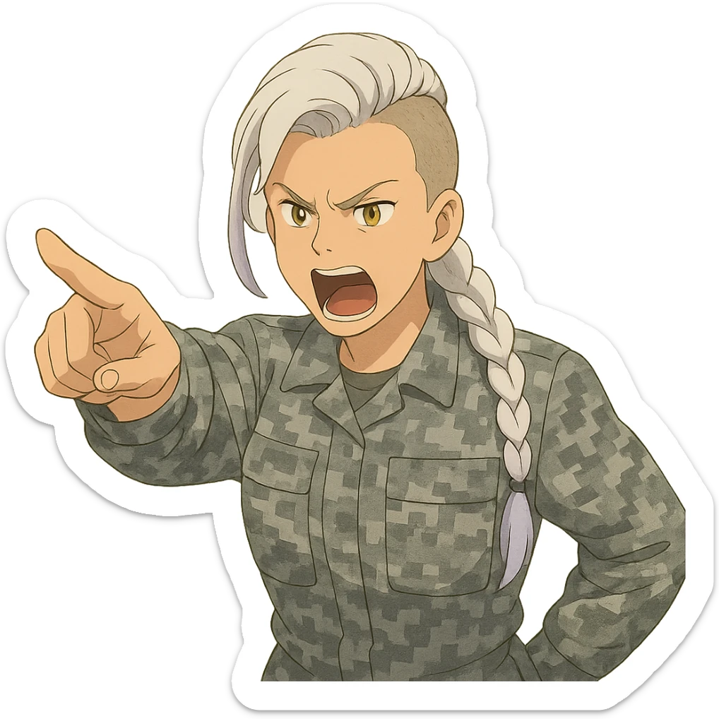 Style of Anime, 1 female, gold yellow eyes, white hair lavender tips, locks in front, mohawk, long white braid, she is a drill sergeant at work, focused facial expression, shouting command, eyes looking down in front of her, pointing a blade hand gesture to the forward direction, uniform of gray large scale digital camo sticker