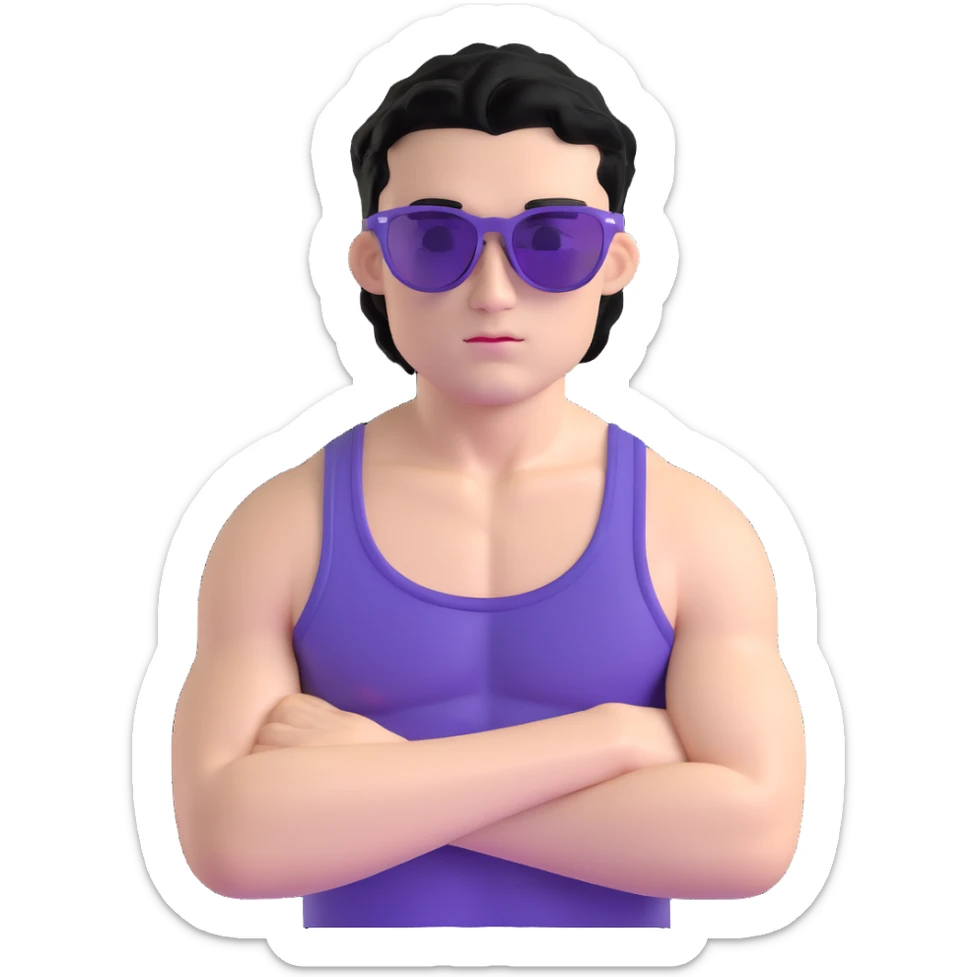 shirtless male athlete with white skin and moderately curly black hair on top with shaved sides, wearing purple sunglasses with black tinted lenses sticker