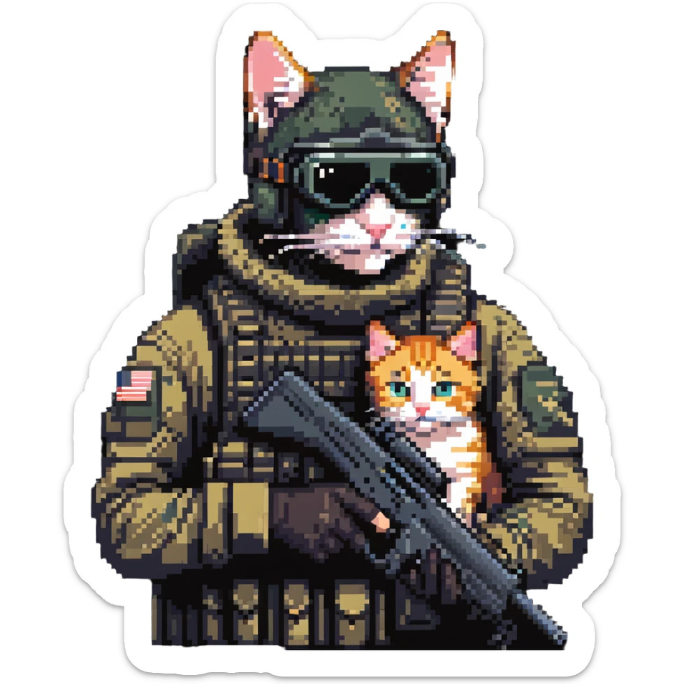 Simple pixel art of man with goggles in tactical gear holding gun and cat sticker