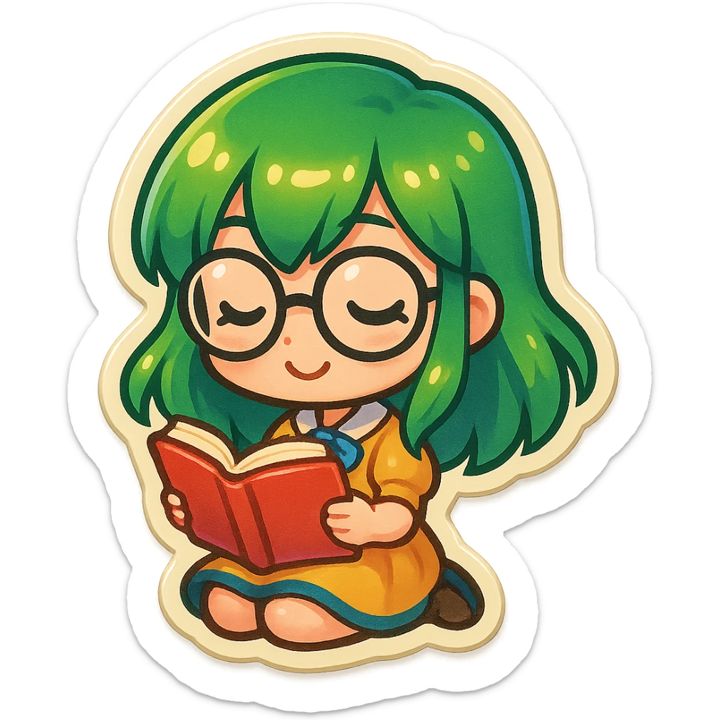 chibi anime girl with green hair and glasses, reading a book, retro stickers style sticker