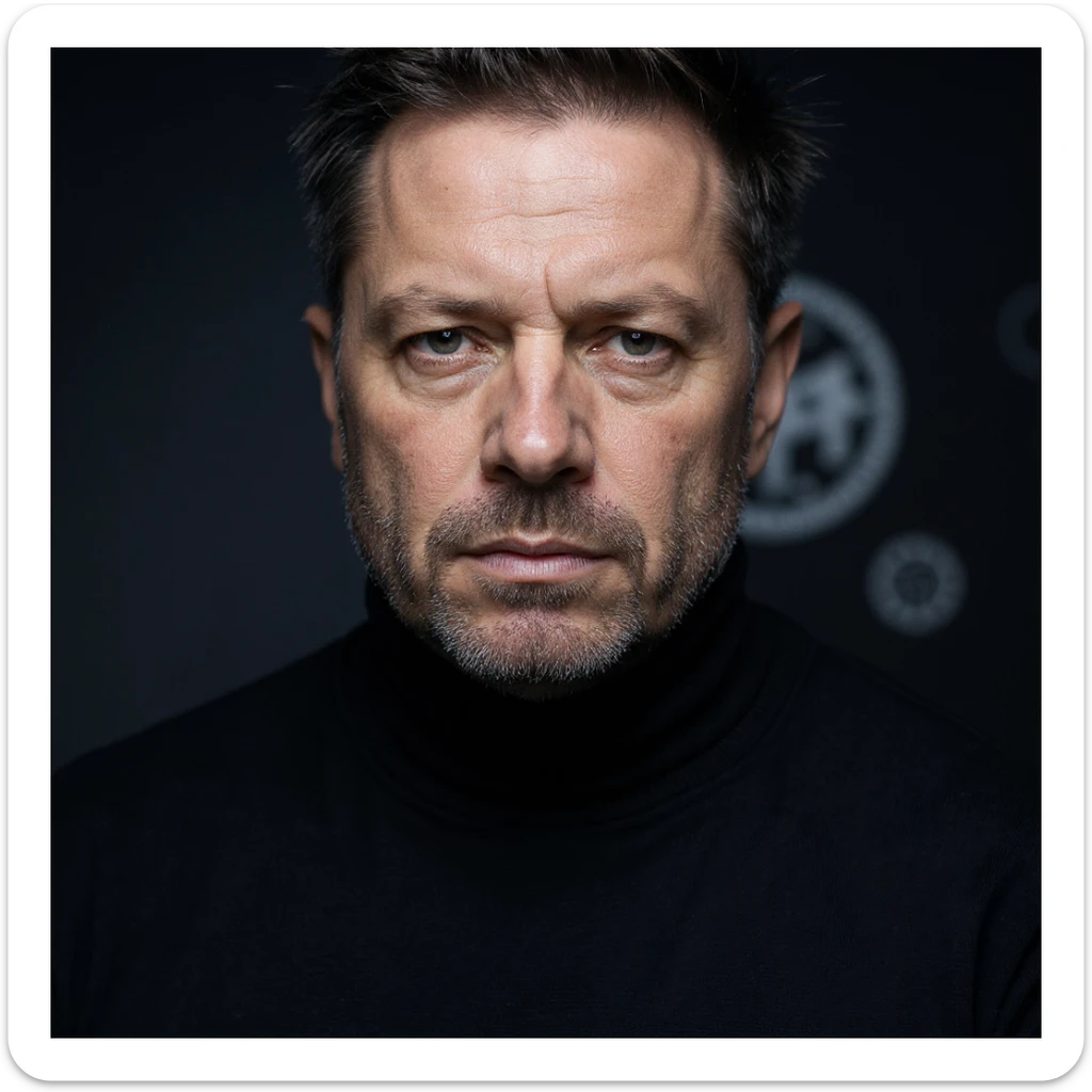 Vertical portrait of a man's face in a realistic style with an intense gaze. Include symbols of a protective barrier and regenerating cells. The atmosphere should convey strength and health during fasting. sticker