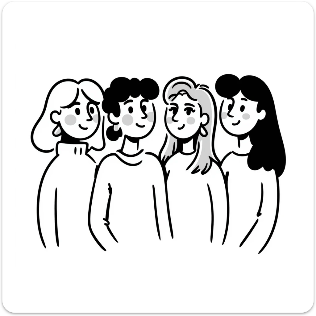 portrait of four young 25-year-old female friends up to waist, drawing style, no bangs, all with middle part hair. Chubby blonde with cheeks, slim brunette, normal weight blonde with wavy hair, slim brunette with very long hair. Light background, smiling expressions. sticker
