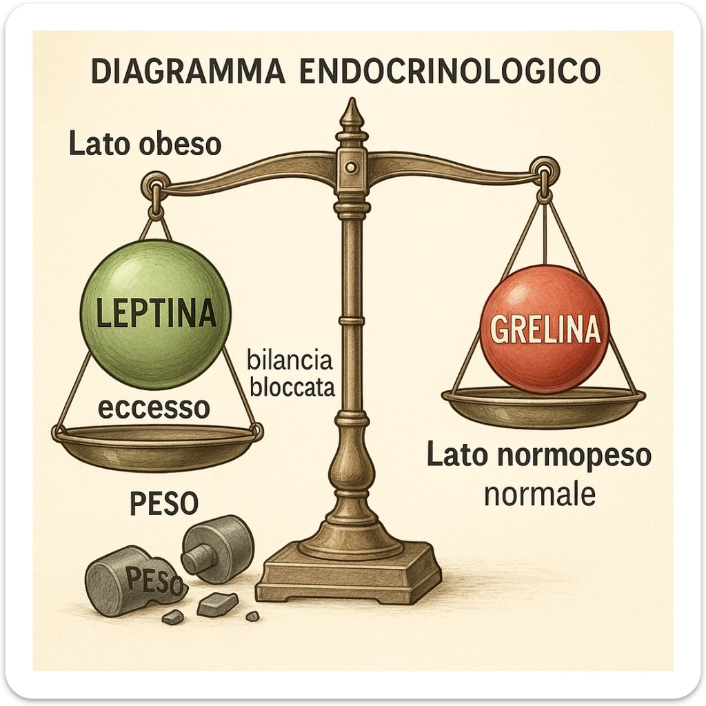 Diagramma endocrinologico in italiano: bilancia con leptina (verde) e grelina (rossa). Lato obeso: etichetta 'Lato obeso', leptina in eccesso, bilancia bloccata, pesi rotti con la scritta 'Peso'. Lato normopeso: etichetta 'Lato normopeso', equilibrio perfetto, grelina normale. Tutte le scritte interne sono in italiano. Illustrazione clinica, dettagliata, 4K. Style: endocrinologico, medical illustration, detailed. sticker