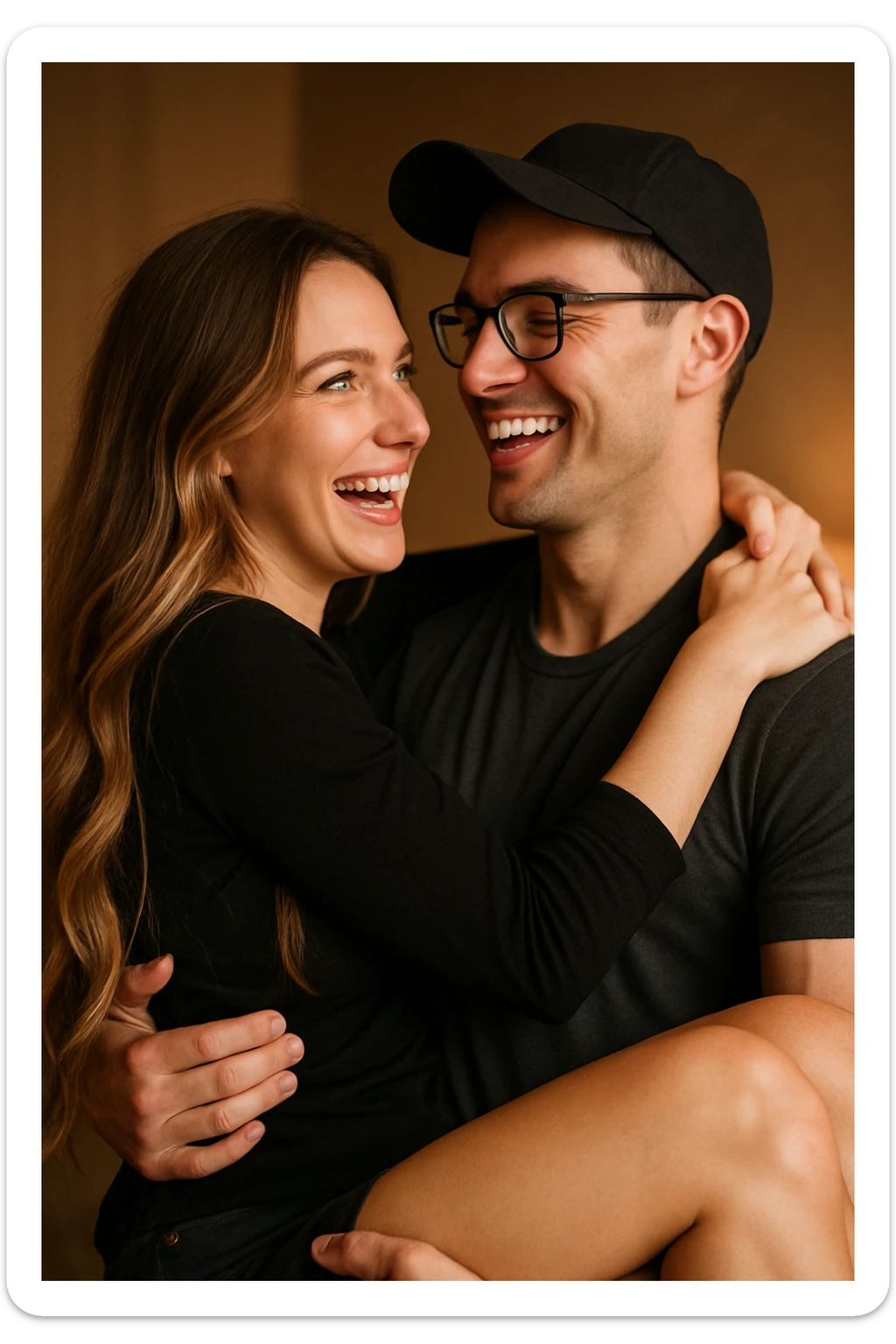 A woman with green eyes and very long brown-blonde balayage hair, in the arms of a sexy man with strong arms, brown eyes, a straight face, wearing a cap and glasses. The man has very short dark chestnut hair and light skin. They are laughing at each other. sticker