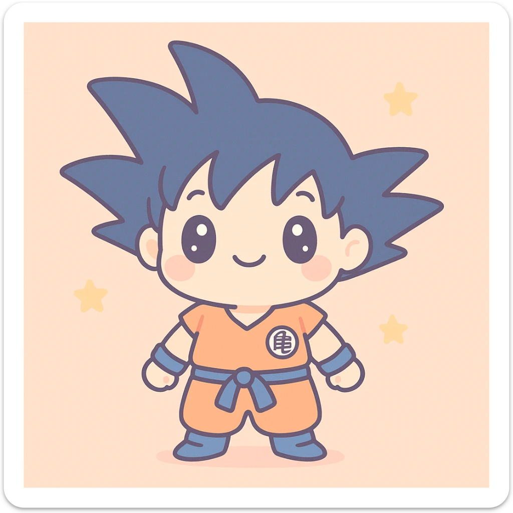 Goku in kawaii style, chibi proportions, spiky hair, orange gi sticker