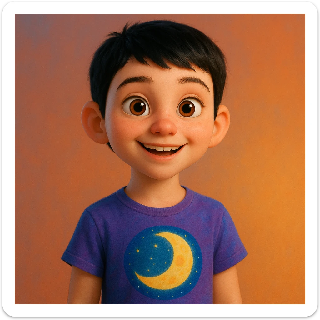 Pixar style young girl with very short black hair, white skin, wearing a t-shirt with a moon design sticker