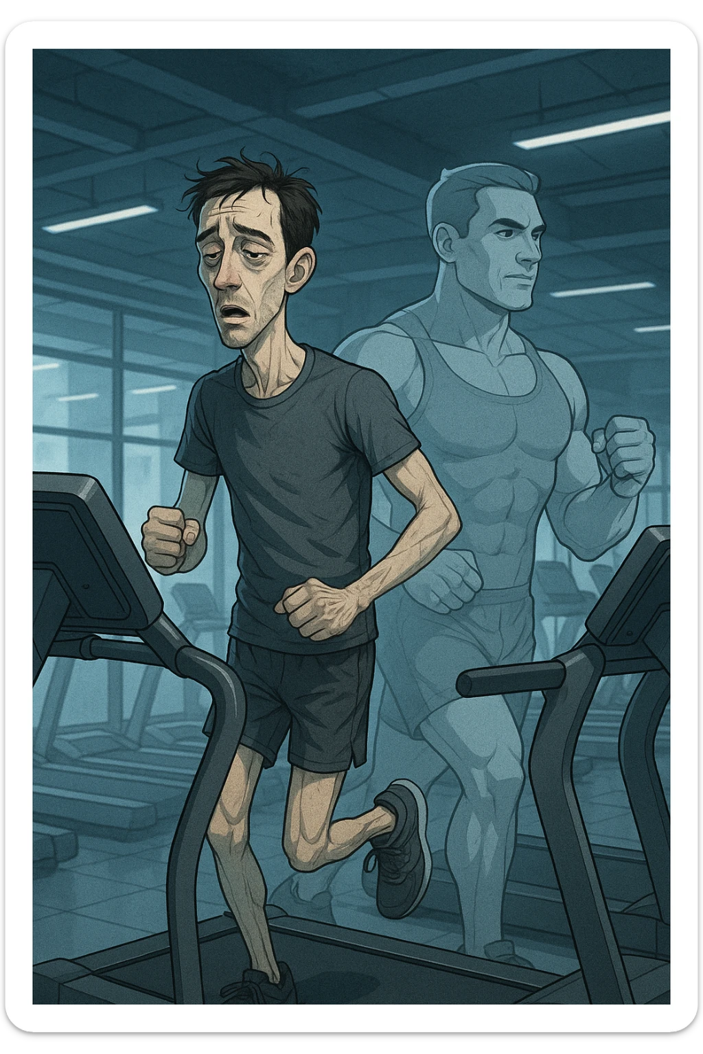 Uomo magro e affaticato che corre su tapis roulant in una palestra. I muscoli delle braccia e delle gambe appaiono ridotti e svuotati, come se stesse perdendo massa muscolare. Espressione stanca sul volto, con accanto una figura trasparente di sé stesso più muscolosa a confronto. Luci fredde e atmosfera di sovrallenamento. in italiano sticker