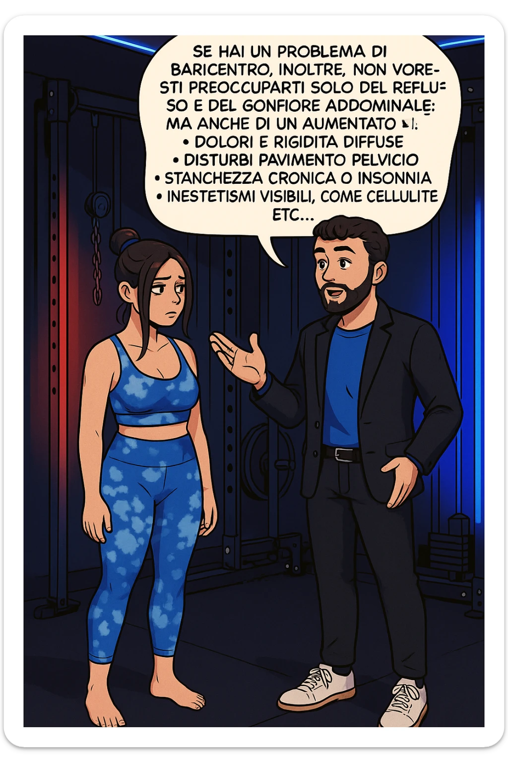 TRASFORMA QUESTO CAROSELLO IN UN FUMETTO STILE WEBTOON/MANGA A COLORI CON QUESTE DUE PERSONE IDENTICHE CHE INTERLOQUISCONO TRA LORO, L'uomo sta spiegando alla donna questo concetto:

Se hai un problema di baricentro, inoltre, non dovresti preoccuparti solo del reflusso e del gonfiore addominale, ma anche di un aumentato rischio di:
    • dolori e rigidità diffuse
    • disturbi pavimento pelvico
    • stanchezza cronica o insonnia
    • inestetismi visibili, come celluluite
    • etc… sticker