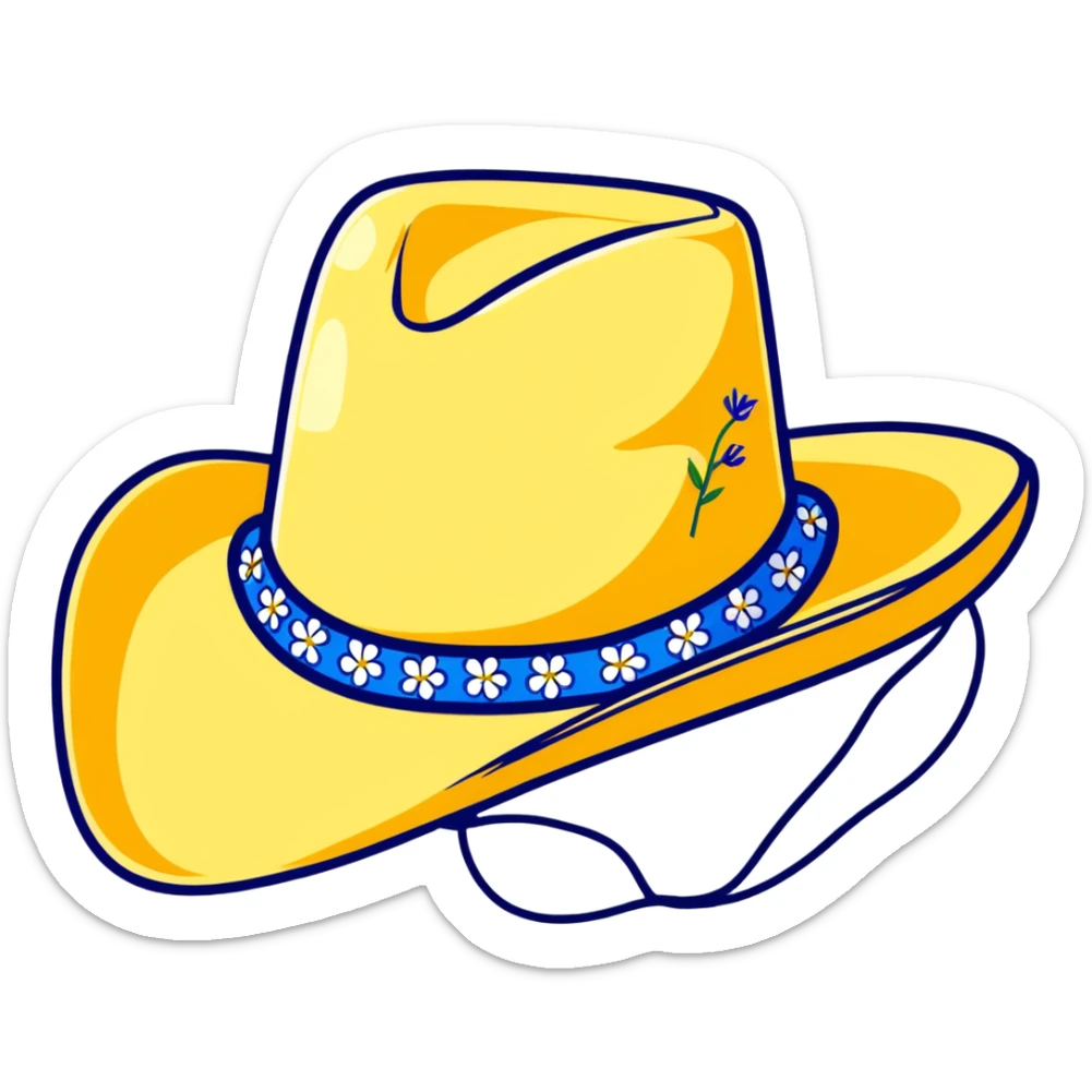 Cowgirl hat with blue and yellow wildflowers, straw cowboy hat sticker