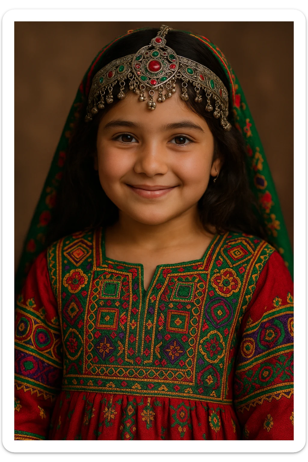 a dark brown haired girl in an Afghan dress, close-up portrait, ornate headpiece, detailed embroidery, warm smile sticker