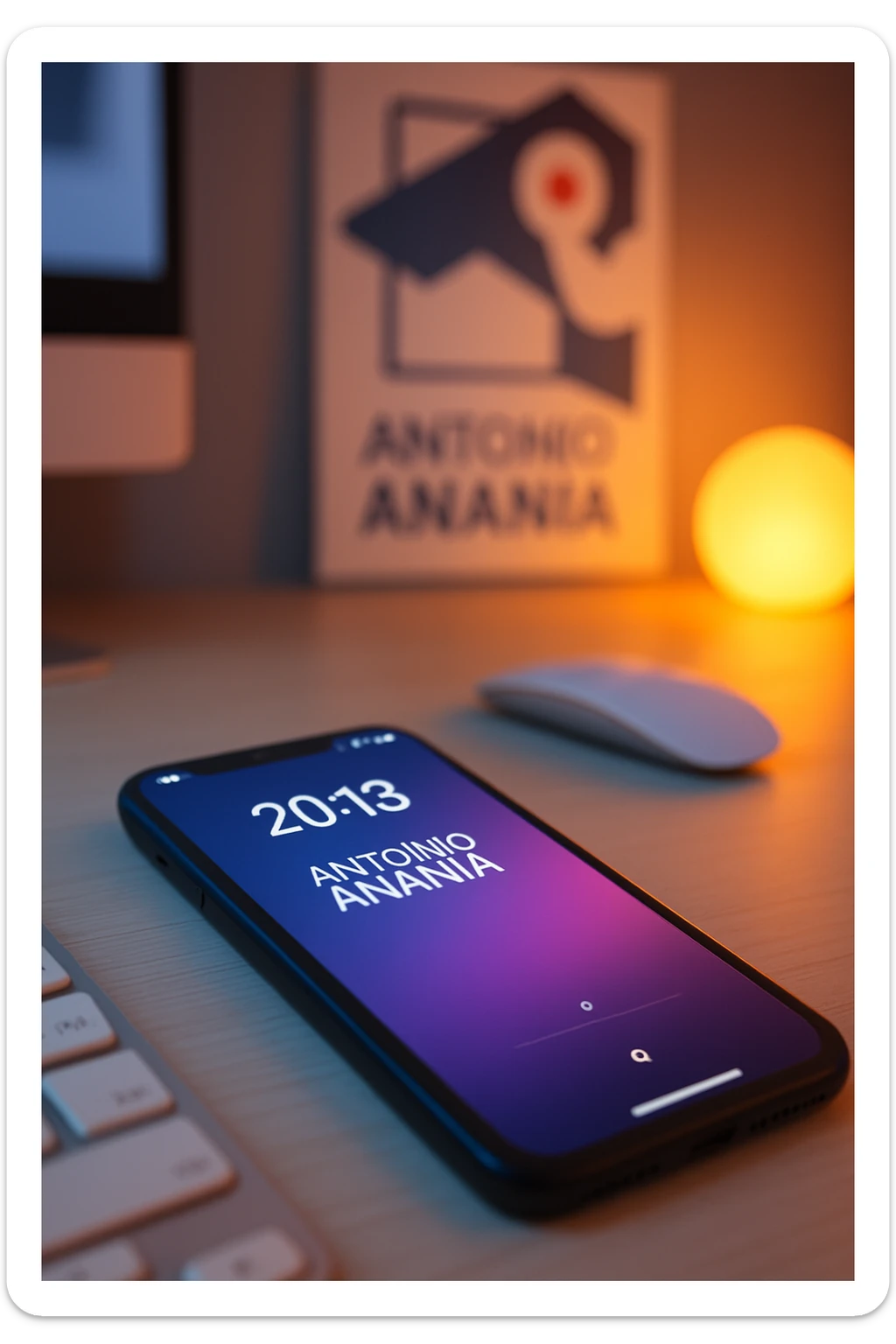 A photo of an iPhone on the desk with the message "Antonio Anania" on its screen, The phone sits atop a desk with a blurred with the logo in the background that suggests work environment. A faint glow from above casts gentle shadows across the surface of each object, creating depth and highlighting their textures sticker
