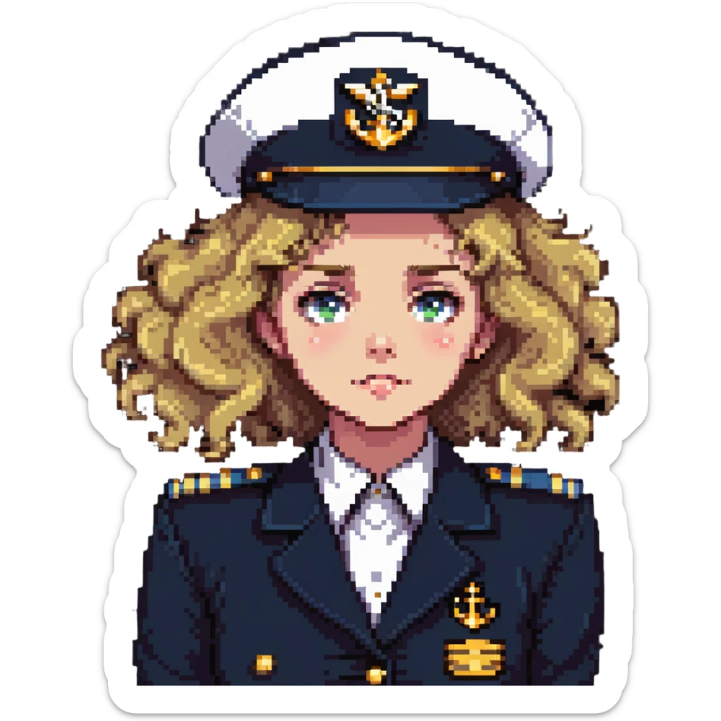 girl with curly dirty blonde hair, cruise captain uniform, questioning expression sticker