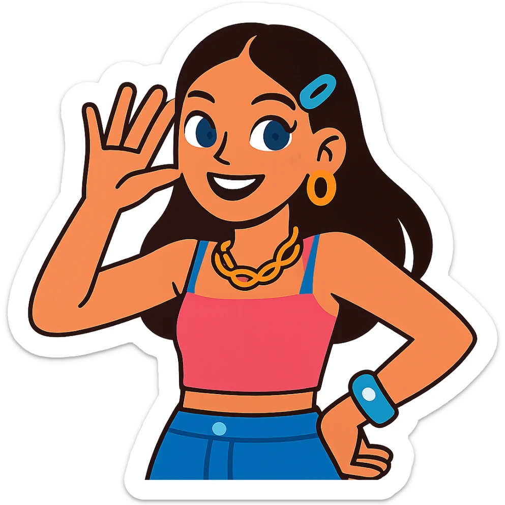 girl with clear skin, bright eyes, healthy hair, confident smile, Y2K fashion, shiny accessories, bold colors, playful pose sticker