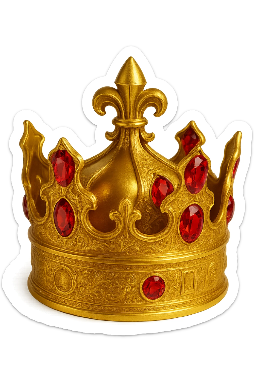 Add red jewels to the golden crown, keep the style ornate, with no background, emphasize the ornate and elaborate design of the golden crown with prominent red jewels. sticker