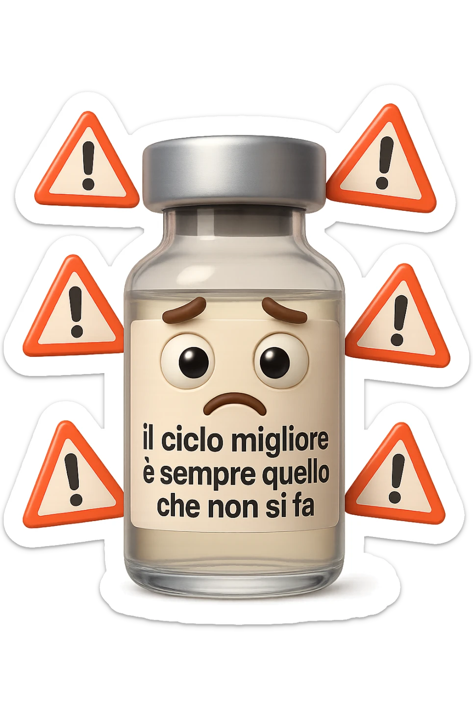 SU QUESTO STILE FAI UN EMOJI STILE IPHONE 3D DI UNa boccetta di fiala medica attorno alla quale fluttuano segnali di pericolo, sull'etichetta della boccetta c'è scritto "il ciclo migliore è sempre quello che non si fa", FALLO MOLTO REALISTICO IN 3D sticker