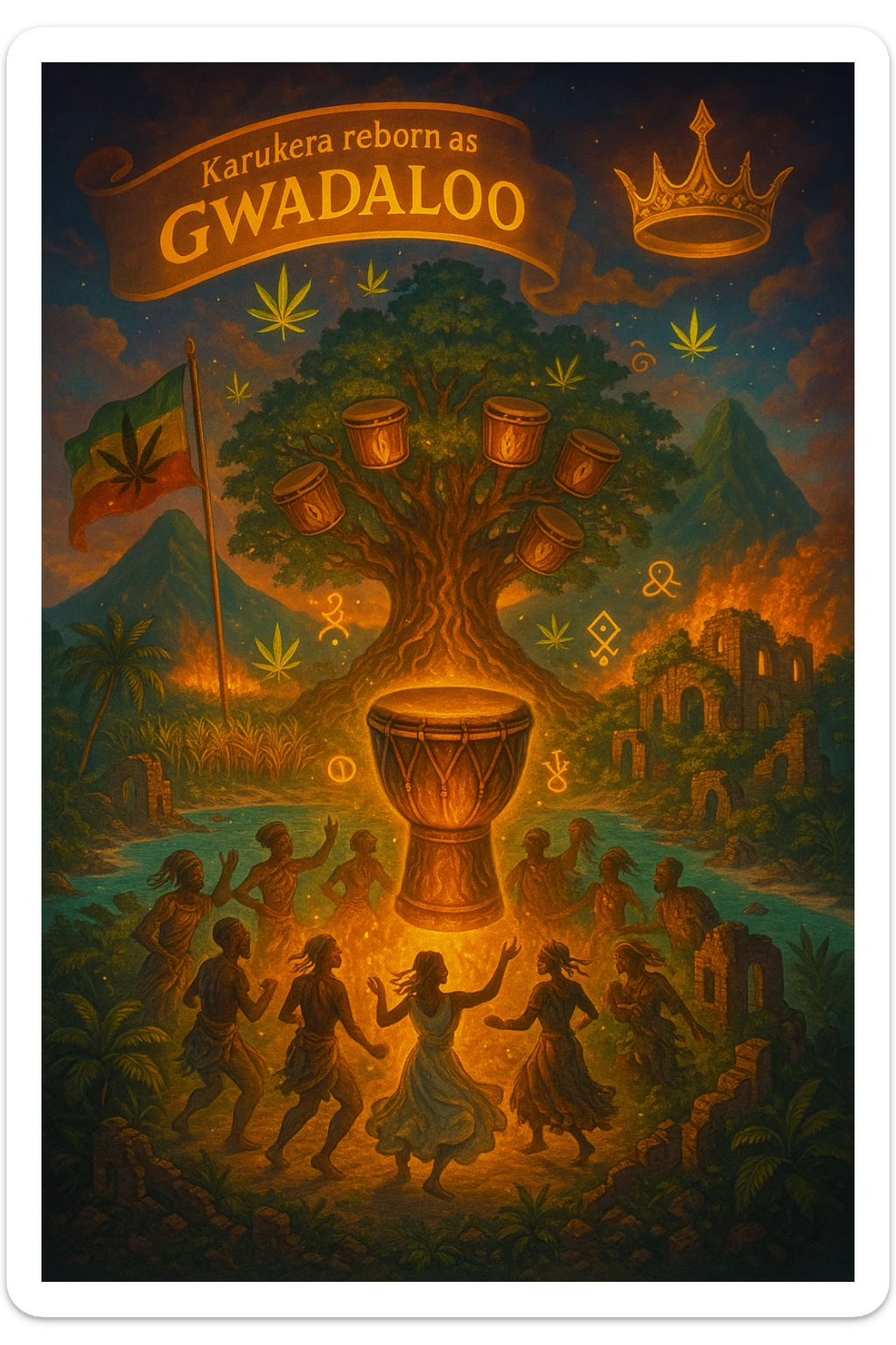 Create a powerful, surreal vision of the Caribbean island Guadeloupe, reimagined as ‘Guadeloupe' — its sacred, sovereign identity restored. The island is lush, tropical, and volcanic, with two green volcanoes glowing golden at the peaks. In the center stands a giant mystical Drum Tree, its branches bearing carved drums instead of fruit, glowing with rhythmic light. Ancestral spirits of African and indigenous lineage dance in a circle around the tree, surrounded by floating ganja leaves and sacred symbols. Sugarcane fields burn gently in the background, symbolizing the end of colonial suffering. Ruins of colonial buildings crumble into the earth, reclaimed by vines and jungle. Above the island, a glowing banner in the sky reads: ‘Karukera reborn as Gwadaloo.’ A ganja-leaf flag waves high in red, green, and gold, and a golden Creole crown floats in the sky above the island — not worn by any man, but held in rhythm. The ocean is turquoise, the light is divine, and the entire scene radiates spiritual victory, cultural remembrance, and cosmic rhythm. Use a warm, cinematic palette of golds, greens, blues, and purples. Style should feel epic, sacred, and symbolic — a rebirth of Caribbean power. sticker