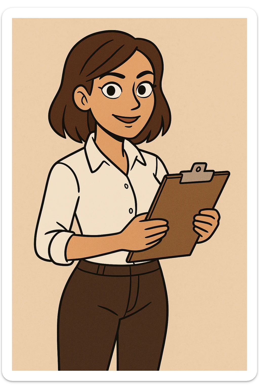 tan woman with brown eyes and brown shoulder length hair, standing confidently with a clipboard, productive and professional, contemporary illustration sticker