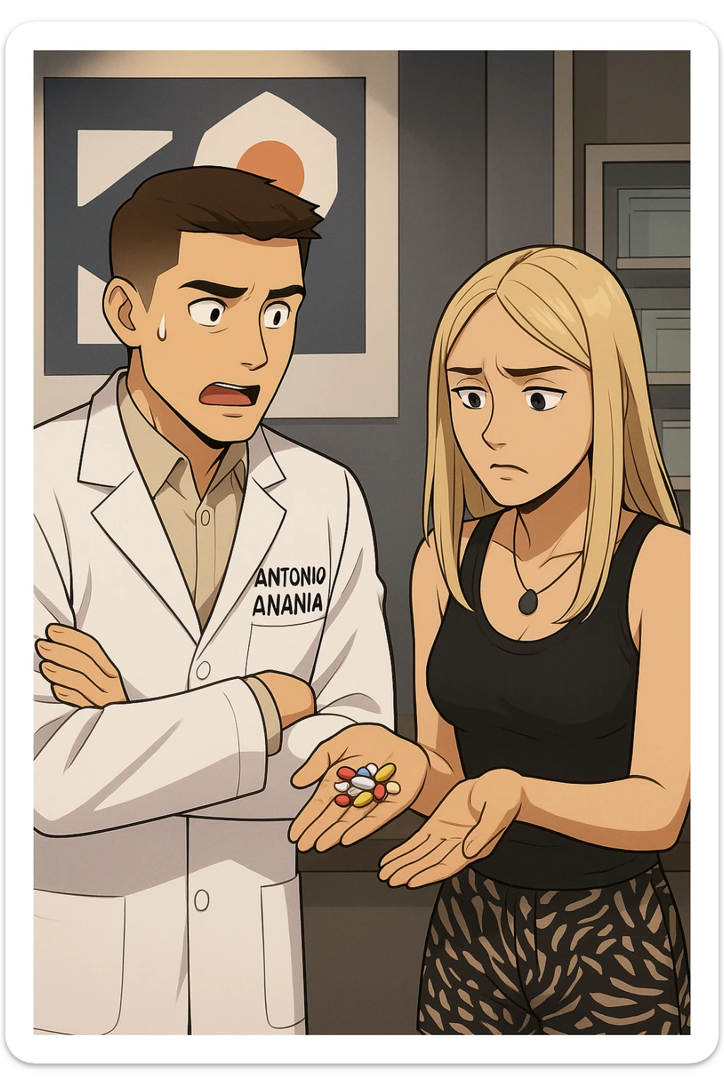 fai un webtoon/manga a colori con questo kinesiologo in camice bianco (fagli la scritta "ANTONIO ANANIA" SUL CAMICE) CHE PARLA CON QUESTA RAGAZZA. LA RAGAZZA HA UN PUGNO DI INTEGRATORI IN MANO (TANTE PILLOLE DIVERSE) E LE GUARDA DUBBIOSA. IL KINESIOLOGO CON IL CAMICE BIANCO LE DOMANDA UNA COSA SCIOCCATO. NON FARE I FUMETTI, FAI SOLO LORO COME SE DIALOGASSERO sticker