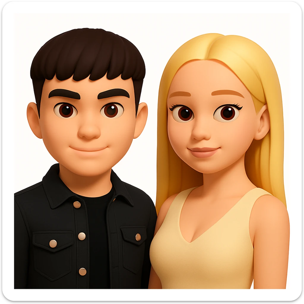 In the style of 3D Emoji, slightly increase the volume of the upper body of the girl, separate the two characters from each other, and make the skin color identical for both characters. Maintain the 3D Emoji style characteristics in the edit. sticker