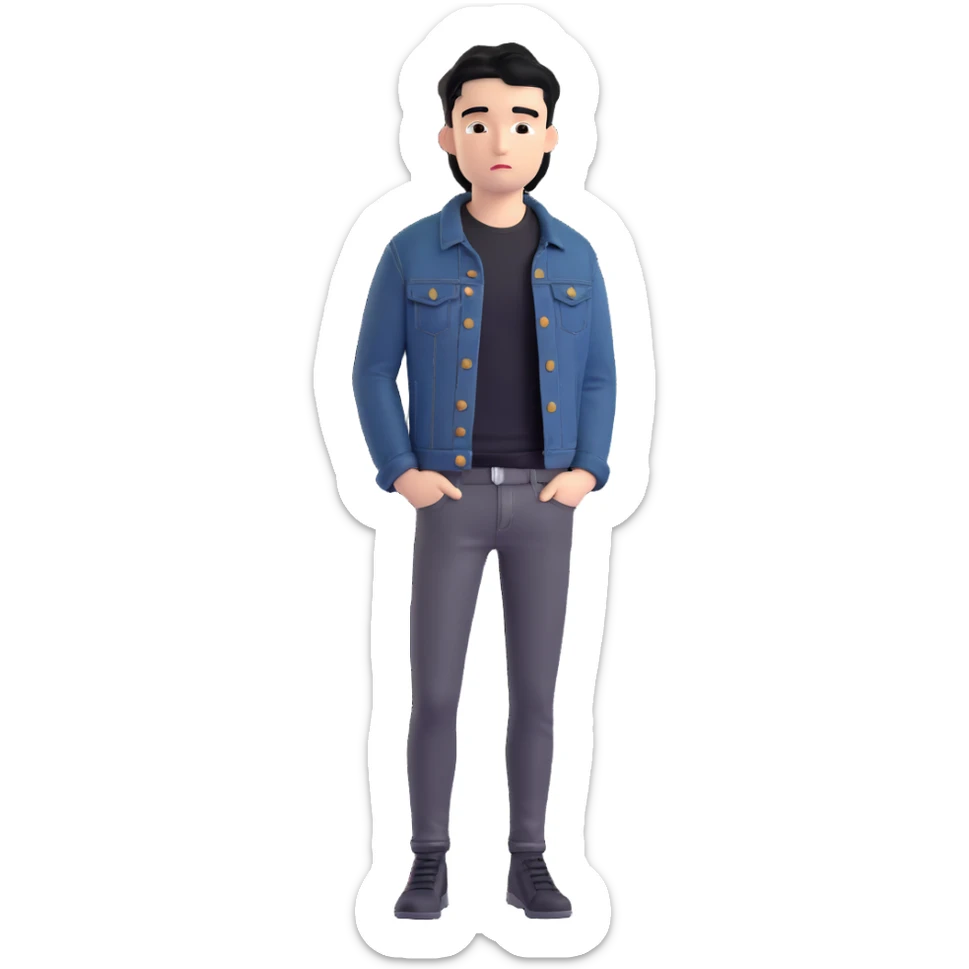 3D emoji Microsoft style, young man with black hair, wearing black t-shirt and black denim jacket, based on photo reference, slight shadow on face sticker