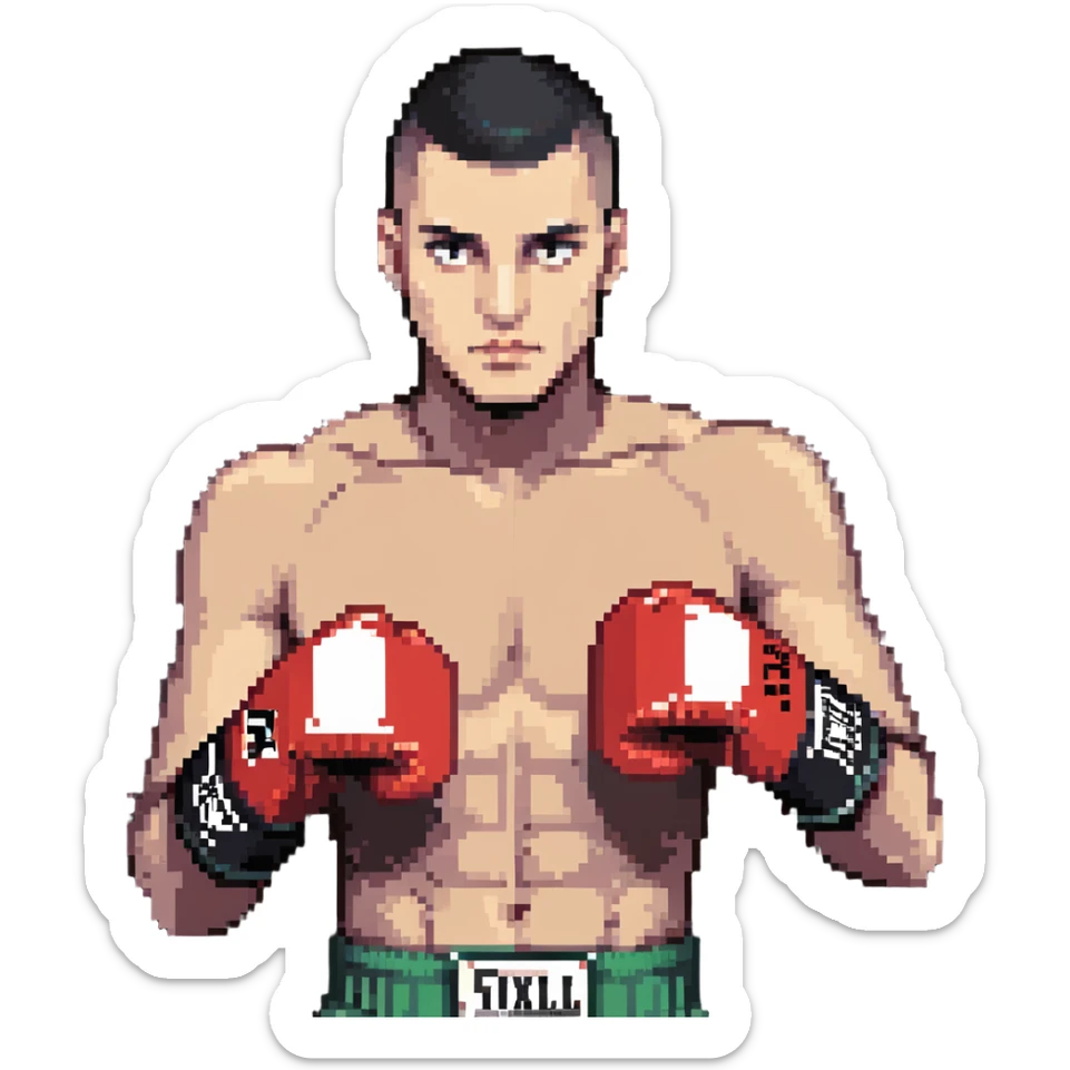 white man with dark hair, dark eyes, buzzcut faded haircut, wearing boxing gloves sticker