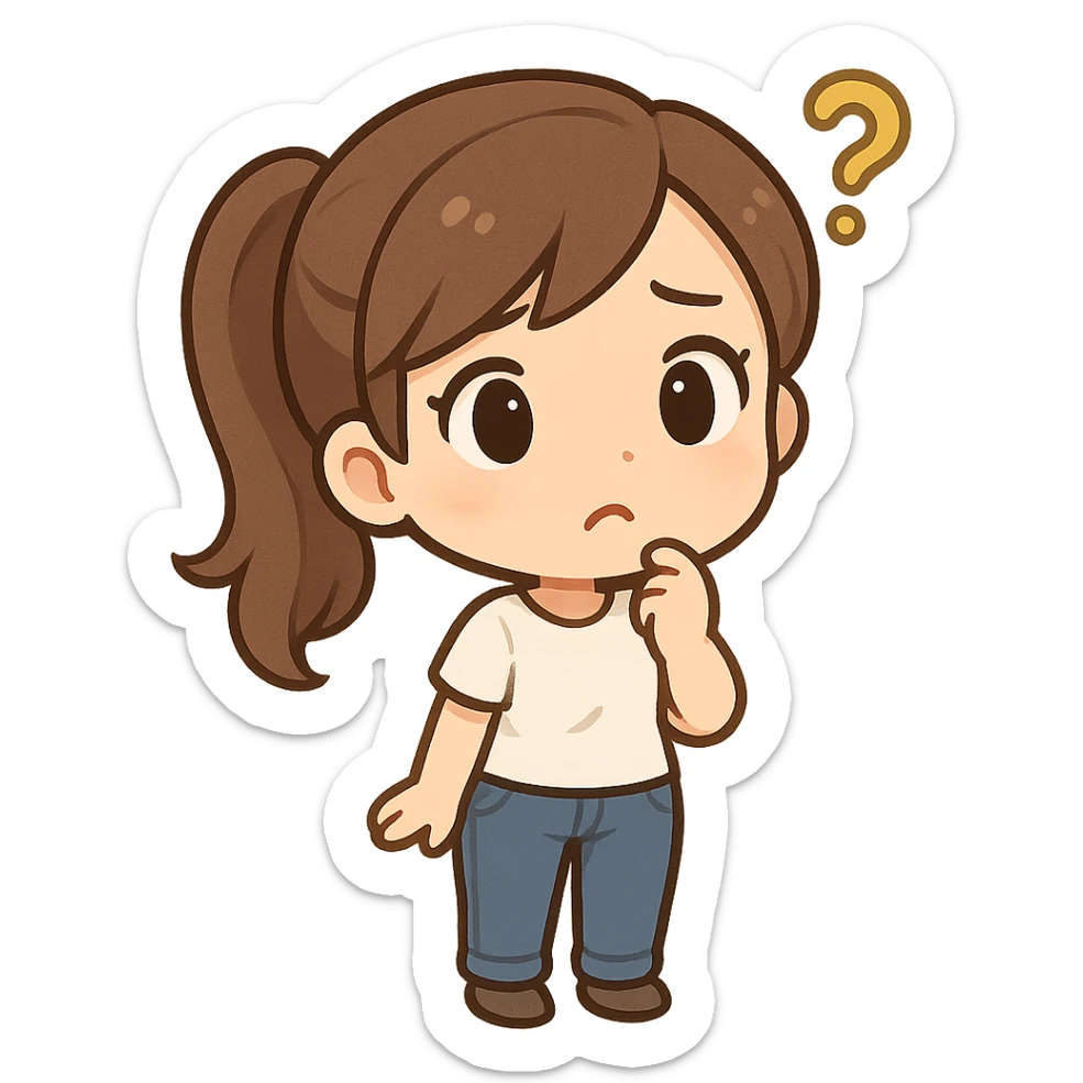 small cartoon woman with a ponytail, dressed in a white t-shirt and jeans, looking confused sticker