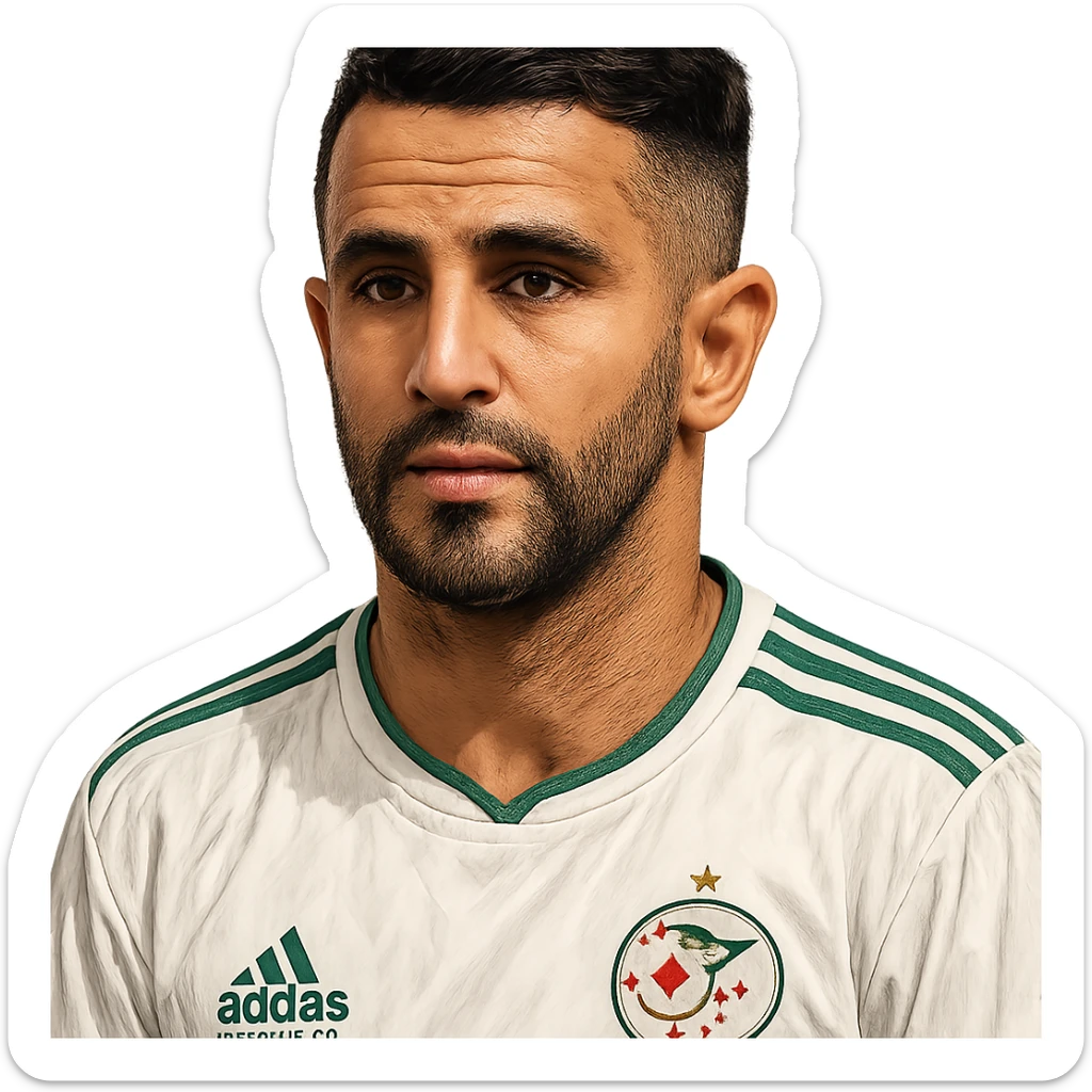 Riyad Mahrez, famous Algerian footballer, portrait, detailed illustration sticker