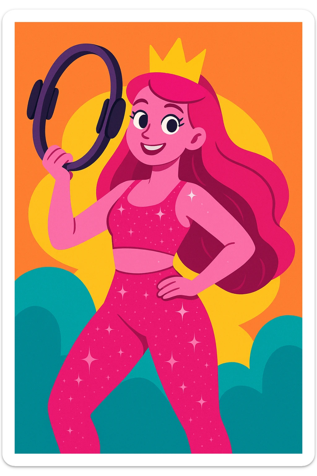 pink pilates princess holding a pilates ring, sparkly pink outfit, long hair, vibrant toon style sticker