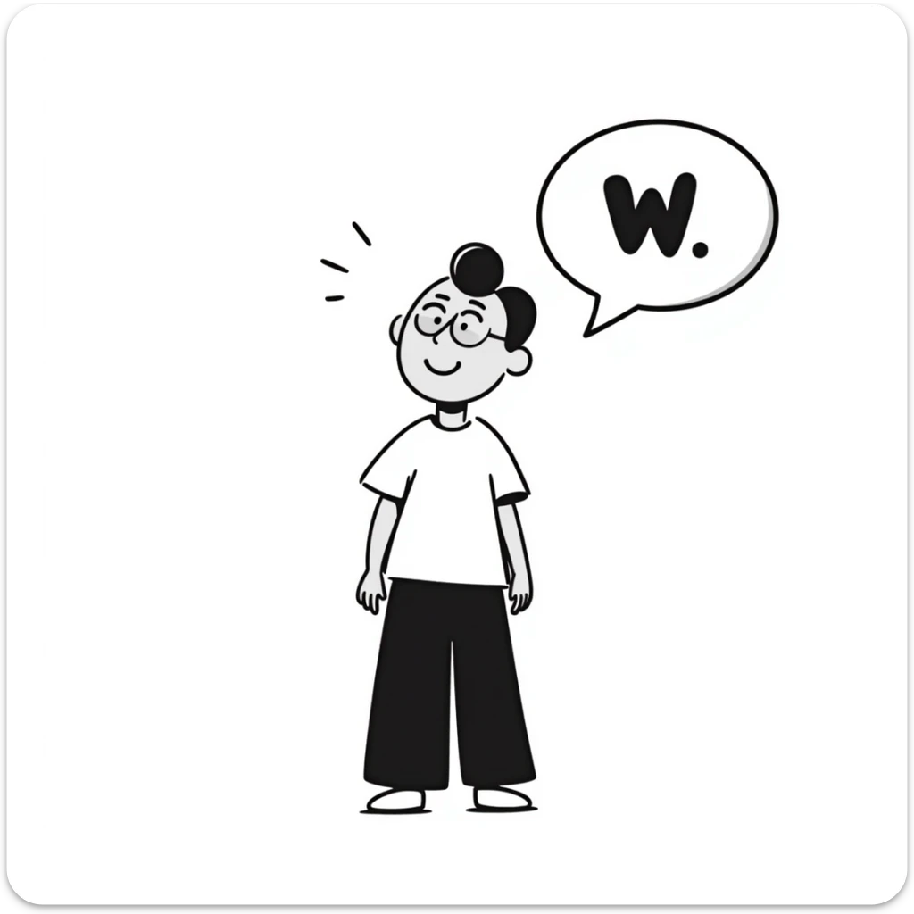 smiling Hispanic boy with black buzzcut, no facial hair, speech bubble with 'W' sticker